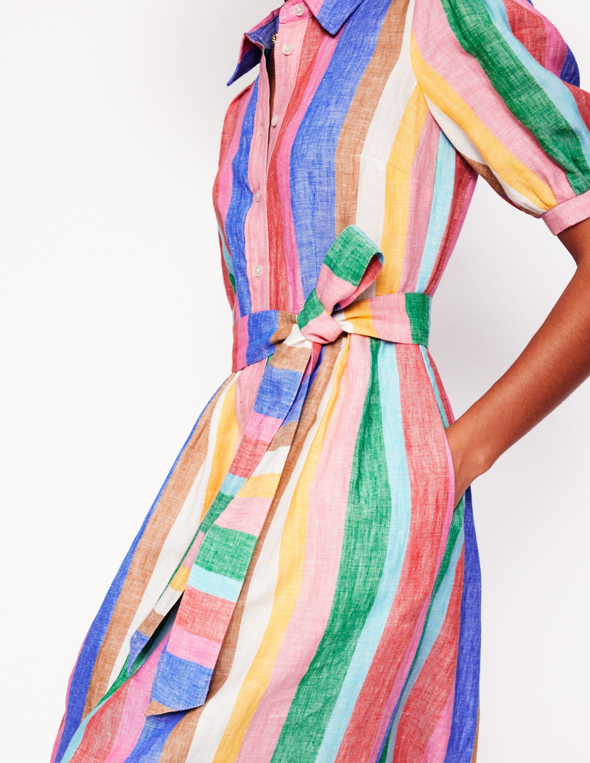 Alexa Linen Maxi Shirt Dress - Women's Bright Rainbow Striped Long Sleeve Button Down Summer Dress - Perfect for Beach, Vacation & Casual Outings