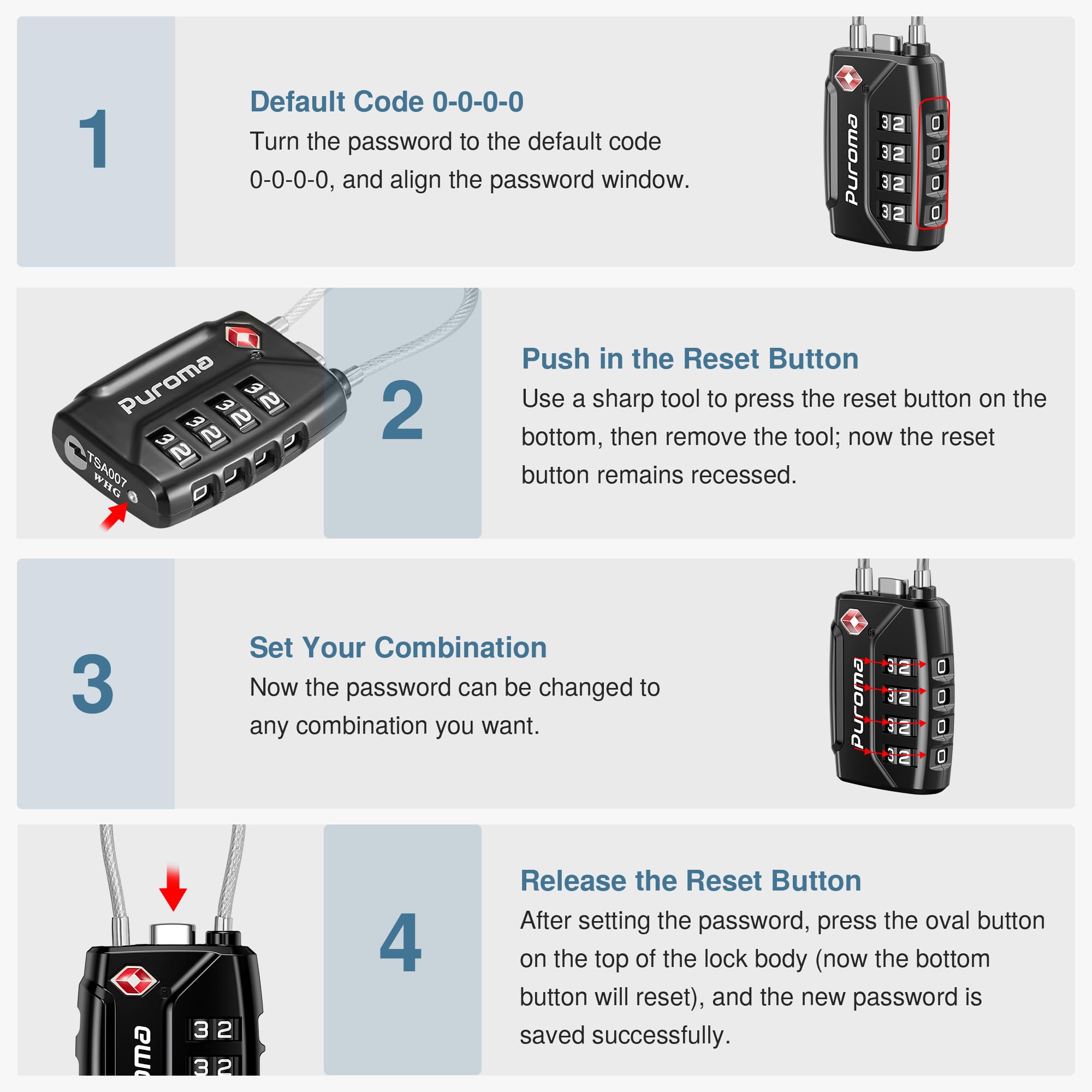 Puroma 2 Pack TSA Approved Luggage Locks - Secure 4 Digit Combination Travel Locks with Resettable Code & Durable Zinc Alloy Body for Suitcases, Backpacks, Gym Lockers & Toolboxes (Black) - Perfect for Air Travel, School, Work & Outdoor Adventures