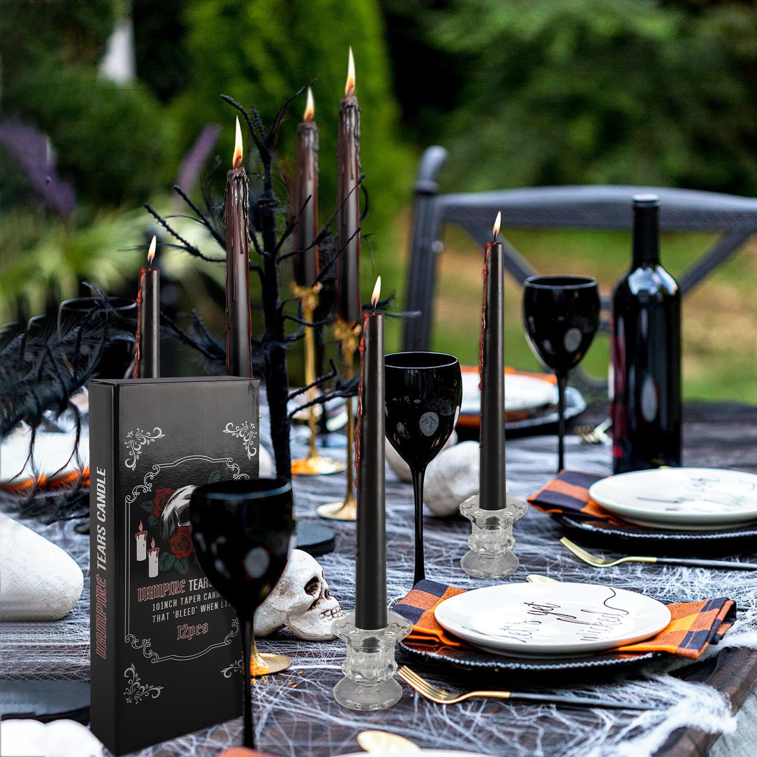 12PCS 10-Inch Black Bleeding Taper Candles - Vampire Tears Dripping Candles for Halloween Decor, Christmas Centerpieces, Gothic Weddings & Themed Party Supplies (Unscented) - Create Spooky Atmosphere for Haunted Houses & Ritual Ceremonies