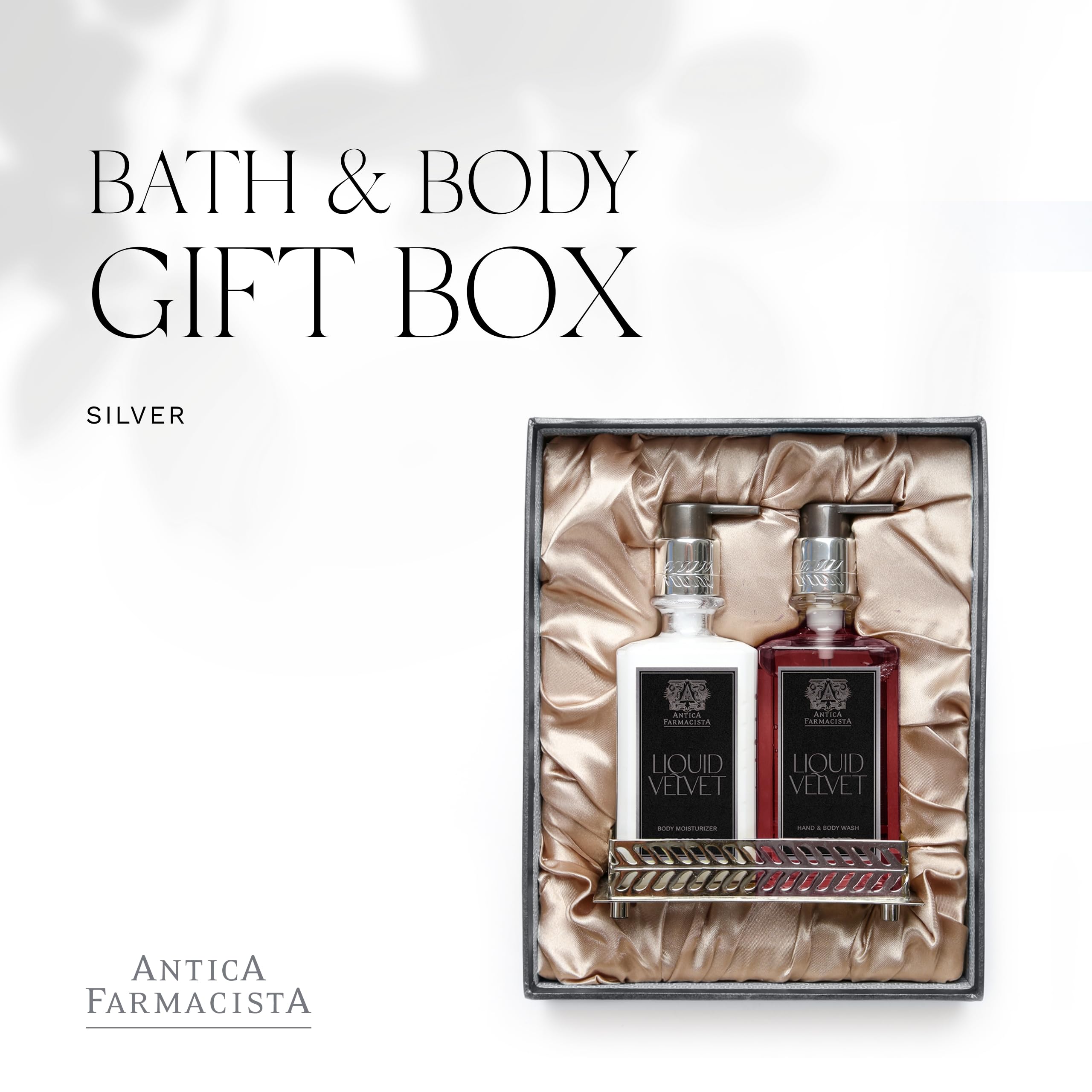 Antica Farmacista Liquid Velvet Acrylic Bath & Body Gift Set - Moisturizing Scented Lotion & Premium Hand Wash with Silver Tray - Luxury Skincare Gift for Women & Men - Hand & Body Hydration - Perfect for Spa Days, Home Relaxation & Elegant Gift Giving
