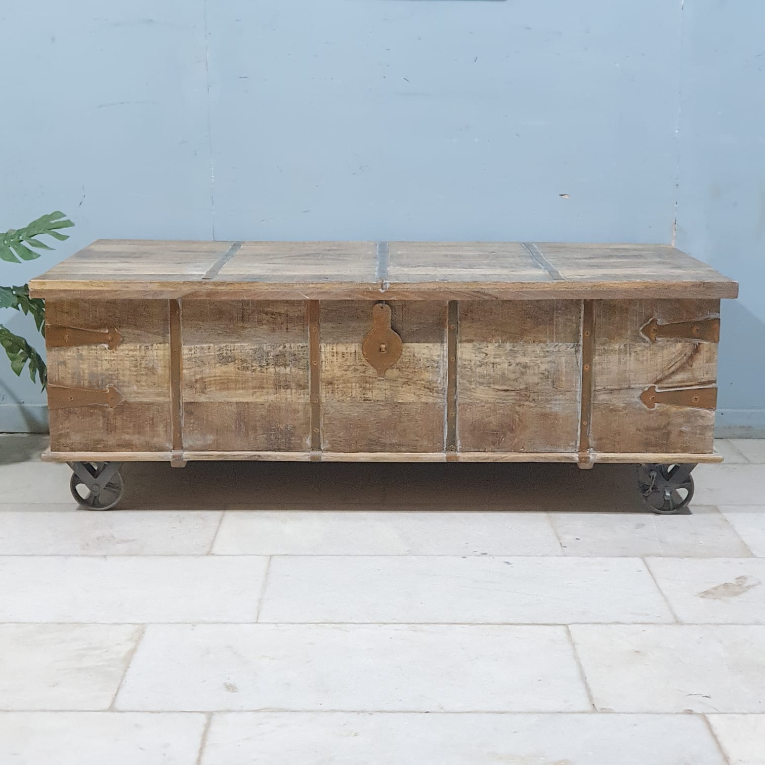 Hand Carved Solid Wood Coffee Table with Wheels - Whitewashed Chest Design 150x80x55cm - Modern Farmhouse Living Room Furniture for Small Spaces & Home Decor