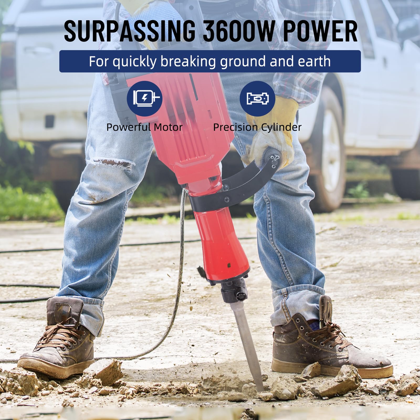 GARVEE 1700W Heavy Duty Demolition Jack Hammer - 1700 BPM Electric Demolition Tool with 3 Chisel Bits, Carrying Case & Safety Gloves - Perfect for Concrete Breaking, Trenching, and Construction Demolition Work