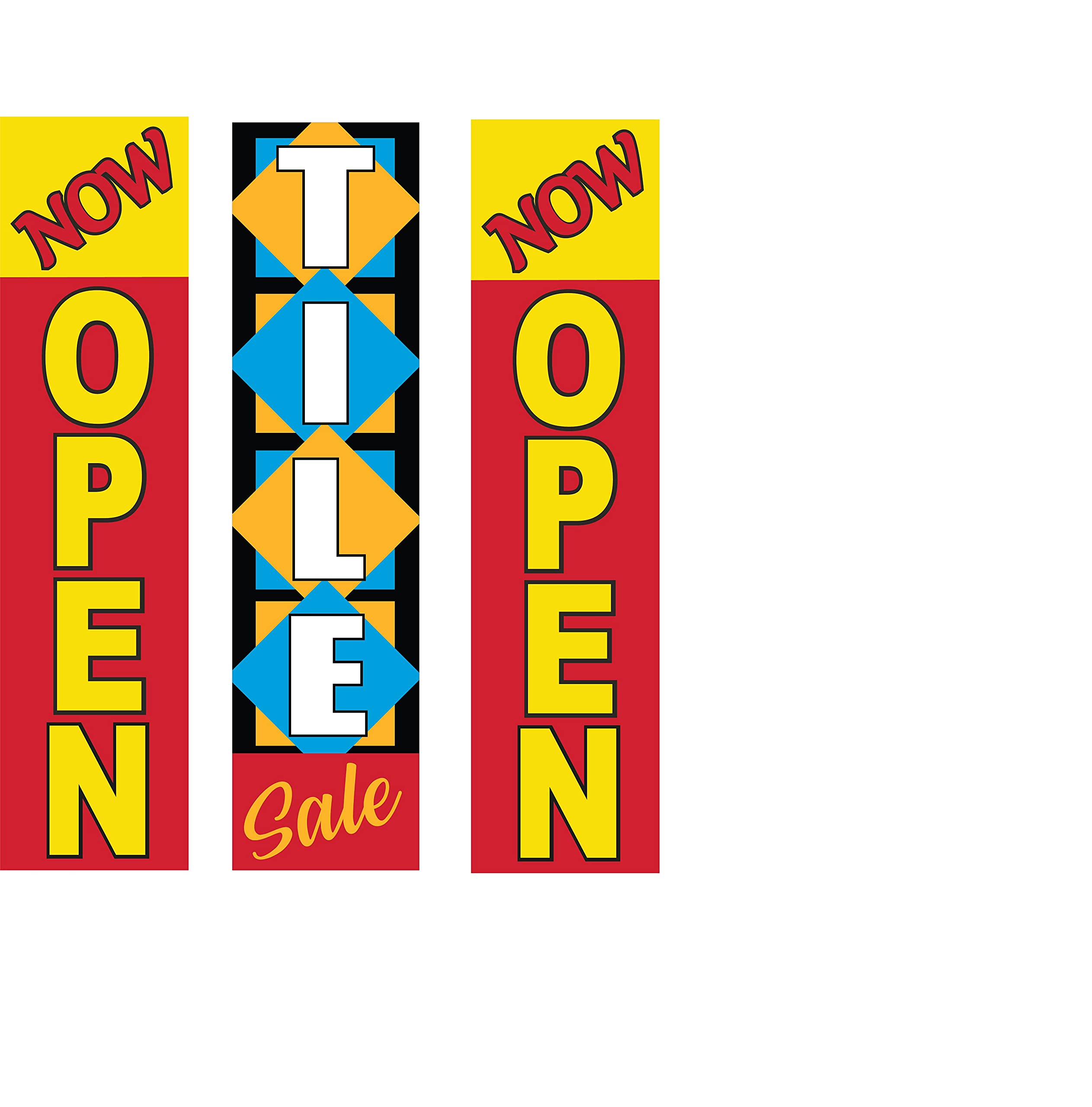 Now Open Tile Sale Advertising Rectangle Boomer Feather Flags Complete Kits - 3 Flag Poles & 3 Ground Spikes for Outdoor Events, Grand Openings & Business Promotions