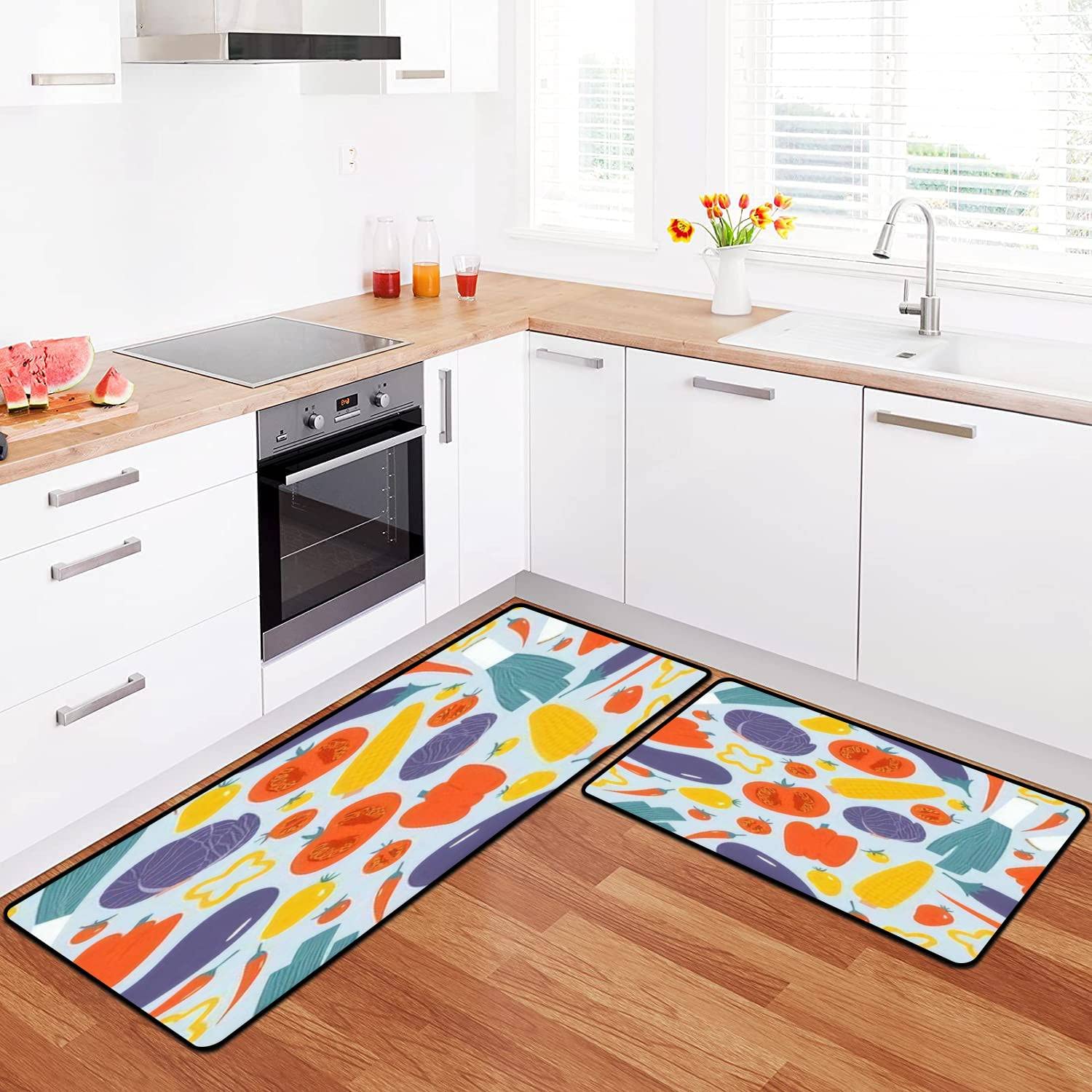 Farmers Market Kitchen Rugs Set - Colorful Hand-Drawn Vegetable Design Non-Slip Washable Floor Mat - Perfect for Vegan Kitchens, Standing Comfort, and Home Decor - Ideal for Kitchens, Entryways, and Bathrooms