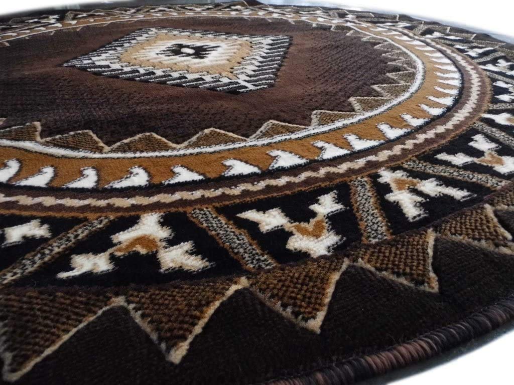 Handwoven Southwestern Navajo Area Rug - Chocolate, Ivory, Mocha & Espresso Geometric Medallion Design - 7' Round Boho Chic Rug for Living Room, Bedroom or Office Decor