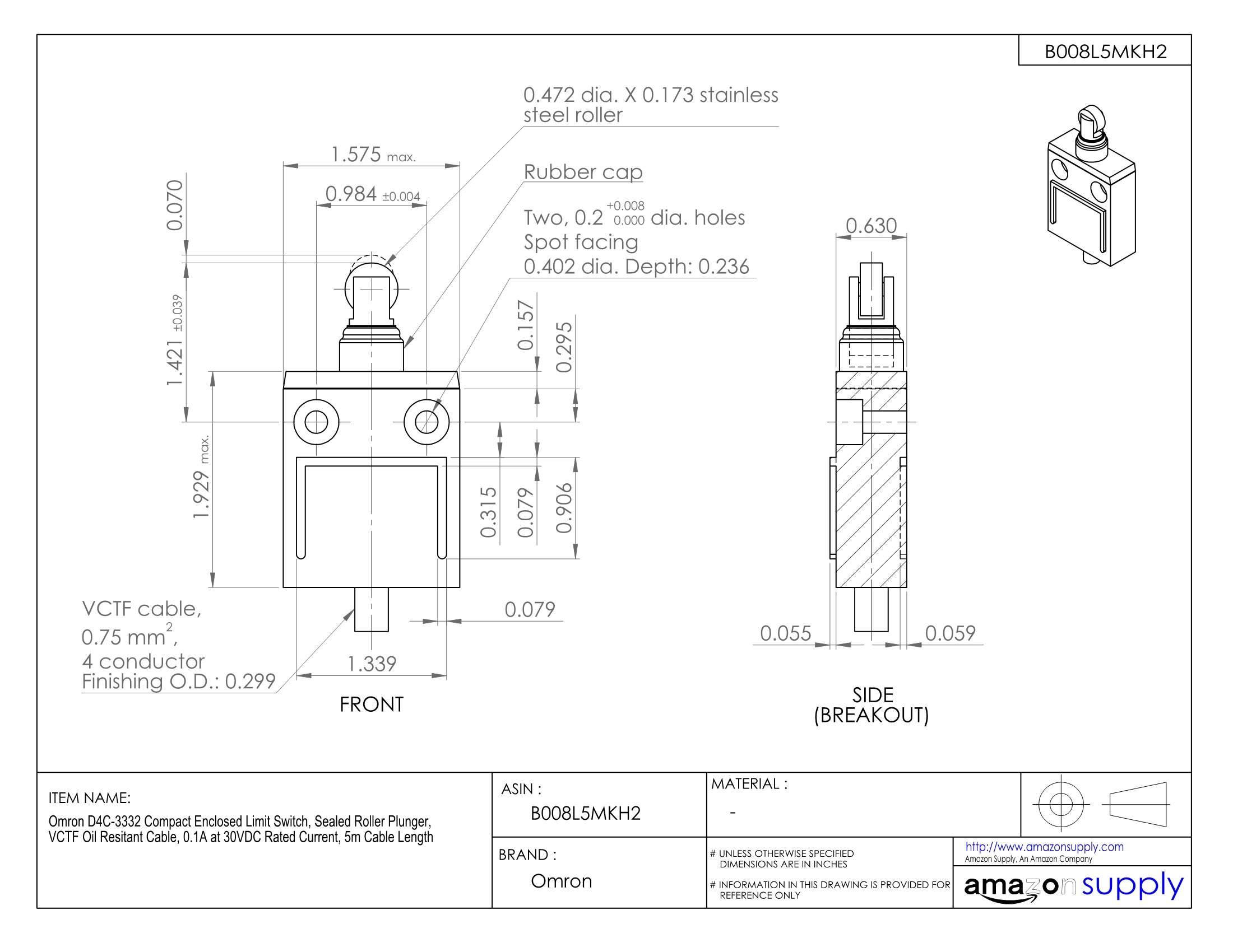 Omron D4C-3332 Compact Enclosed Limit Switch with Sealed Roller Plunger - VCTF Oil Resistant Cable, 0.1A at 30VDC, 5m Cable Length - Ideal for Industrial Automation, CNC Machines, and Harsh Environments