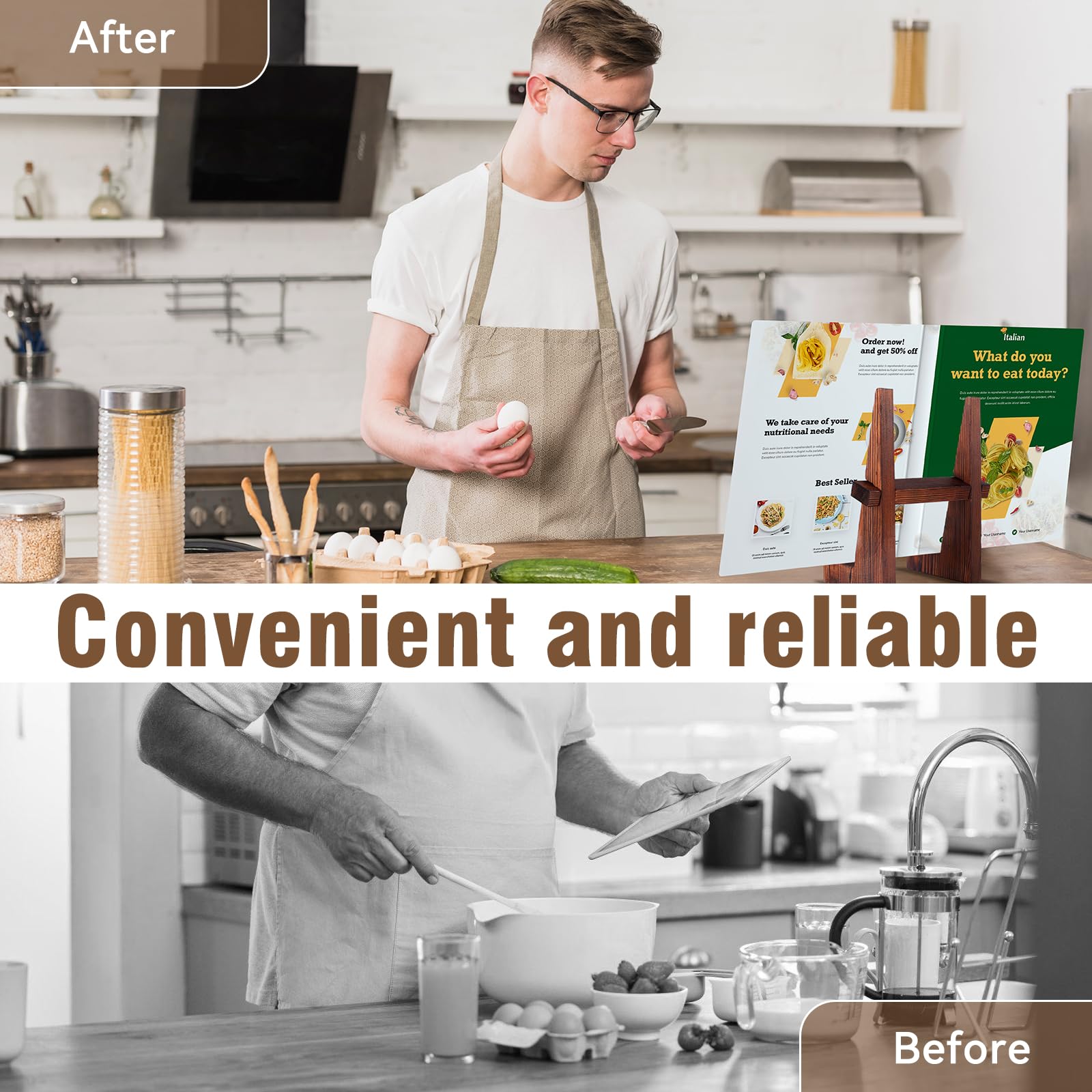 8.8 Inch Wooden Cookbook Stand Holder - Rustic Brown Kitchen Counter Recipe Book Stand for Cookbooks, Baking & Cooking - Perfect for Home Chefs & Bakers