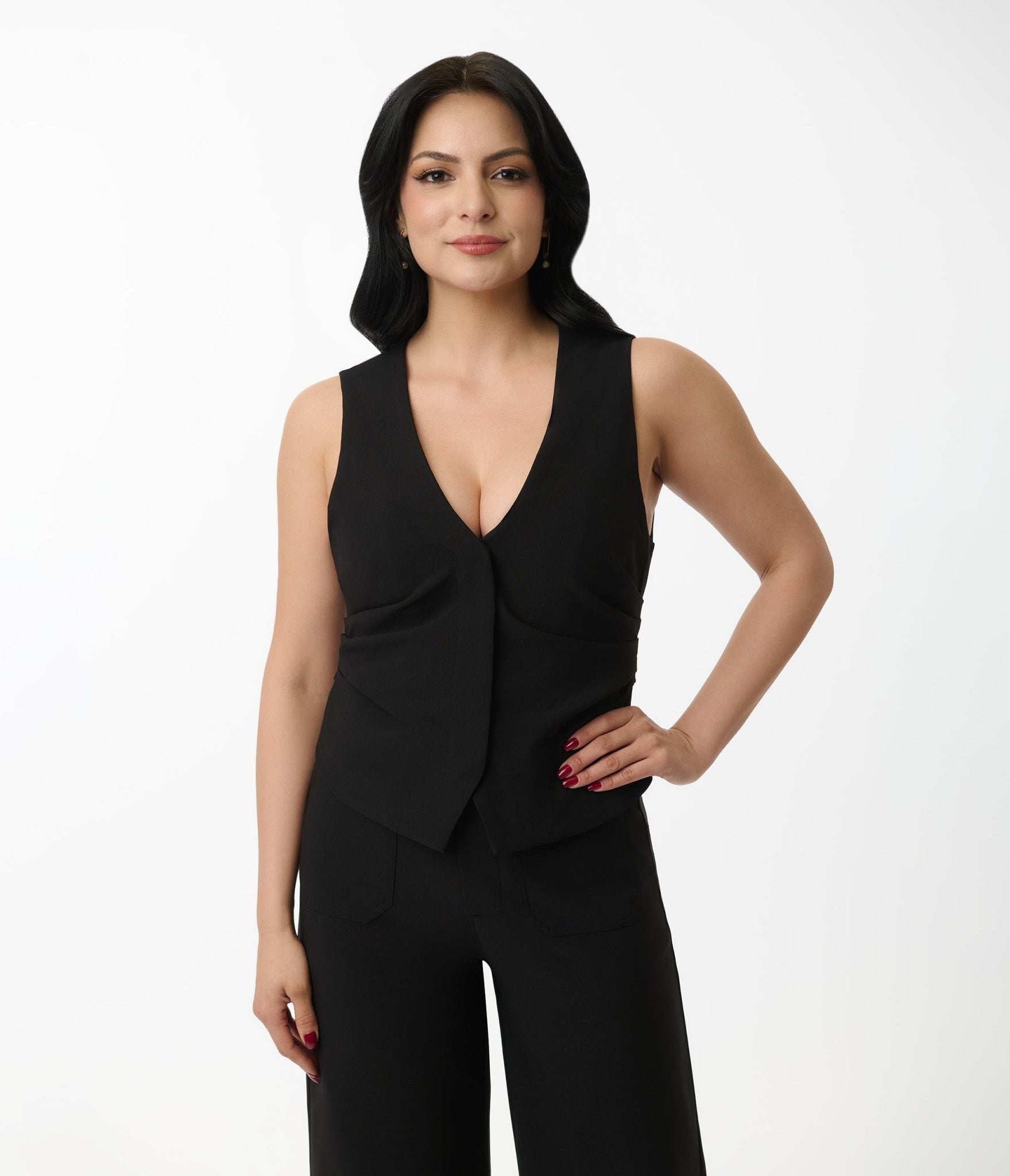 Stylish Black Ruched Tailored Vest for Women - Elegant Layering Piece for Office, Party & Date Night Outfits
