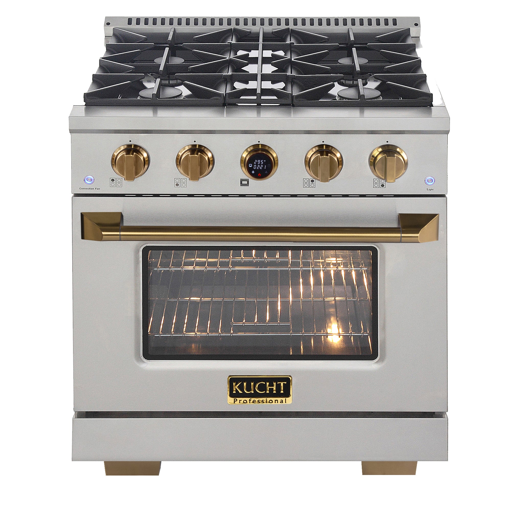 30 in. 4.2 cu. ft. 4-Burner Dual Fuel Range - Stainless Steel Gas Stove with Gold Accents & Kucht Horus Thermostat - Perfect for Home Kitchens, Restaurants, and Professional Chefs