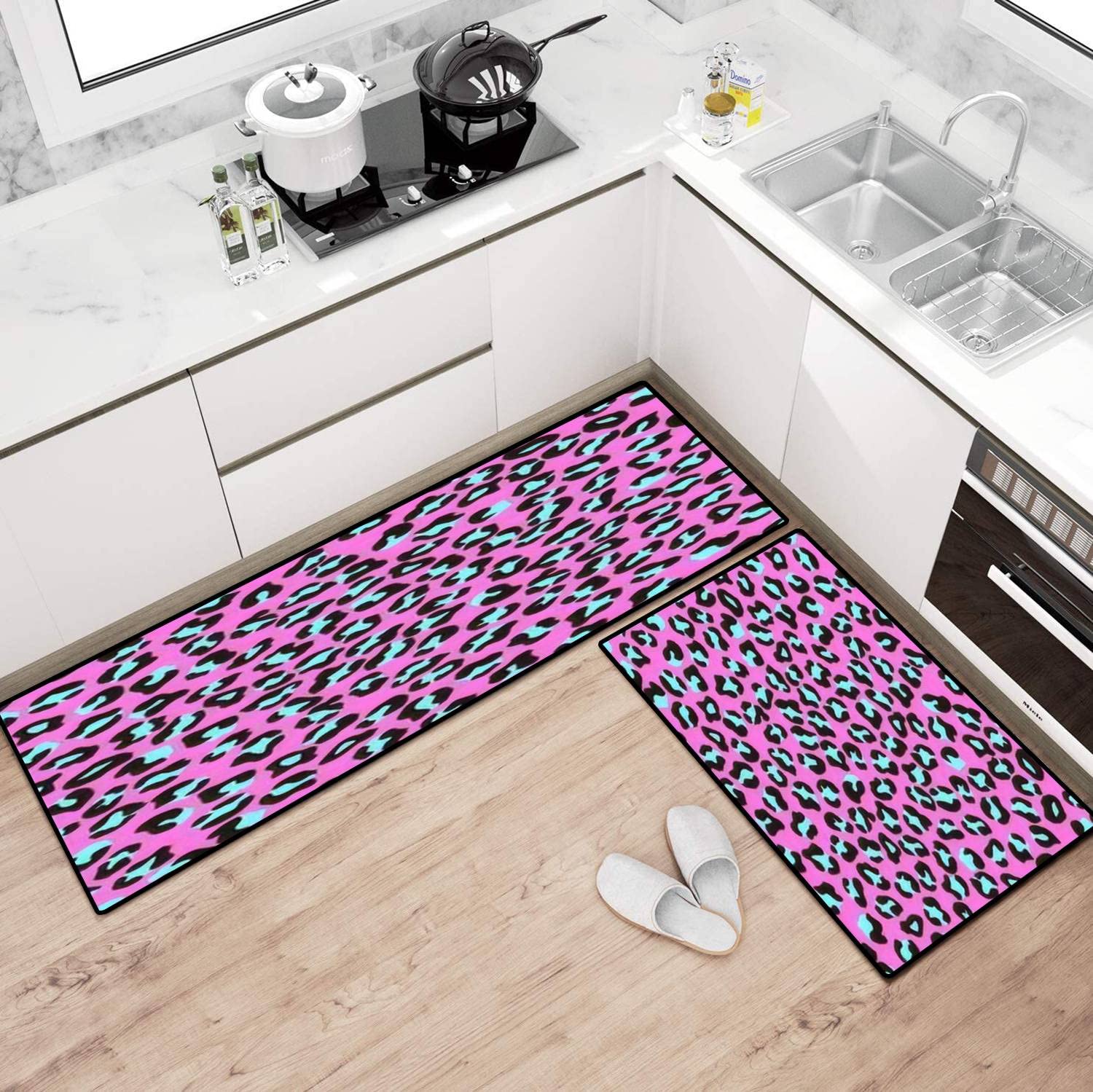 Leopard Print Non-Slip Kitchen Rugs Set - Washable Floor Mat for Kitchen & Bathroom Decor