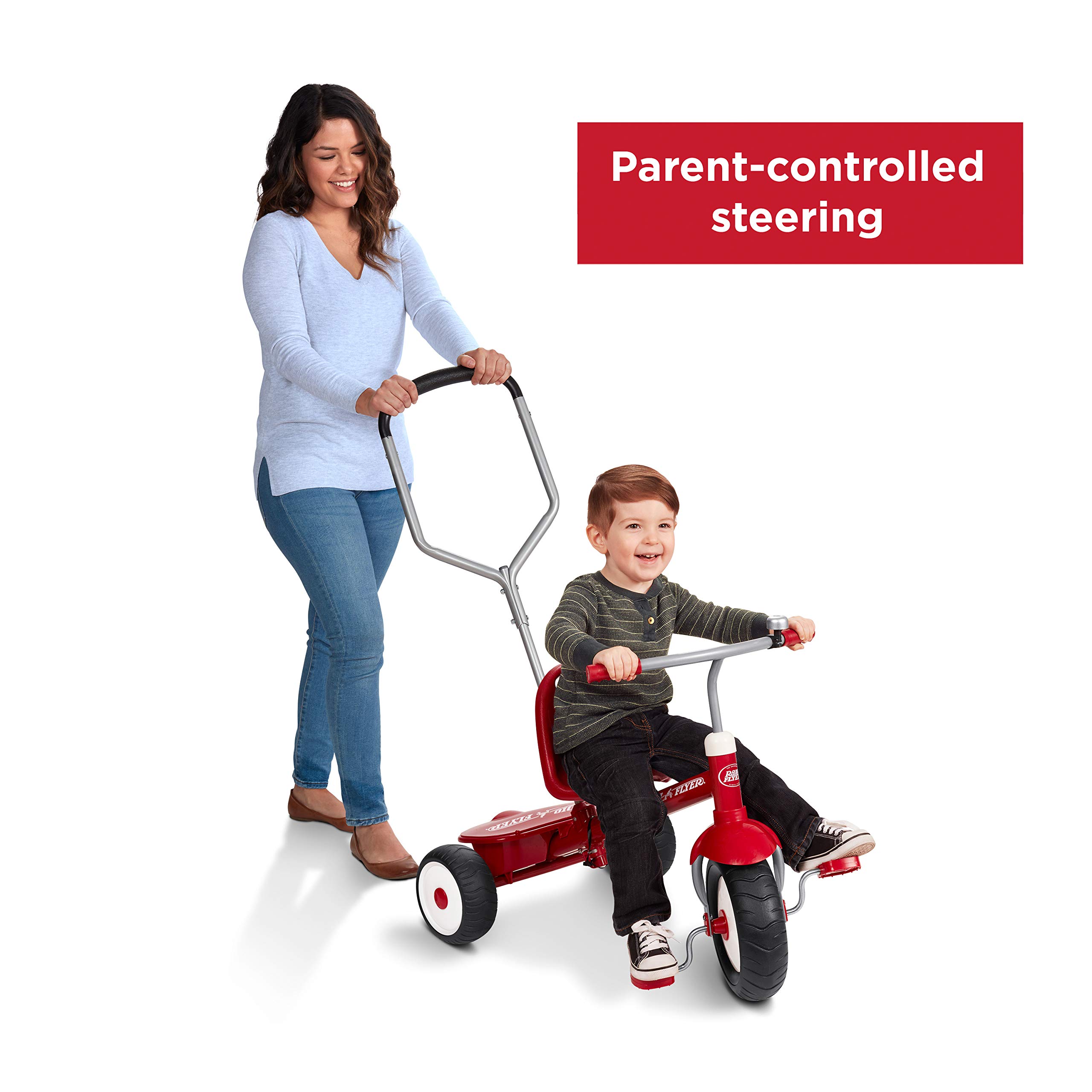 Radio Flyer Deluxe Steer & Stroll Kids Tricycle for Toddlers Age 2-5 | Adjustable Seat & Parent Push Handle | Red Ride-On Toy for Outdoor Play & Learning Balance | Perfect for Park Rides, Backyard Fun & Early Childhood Development