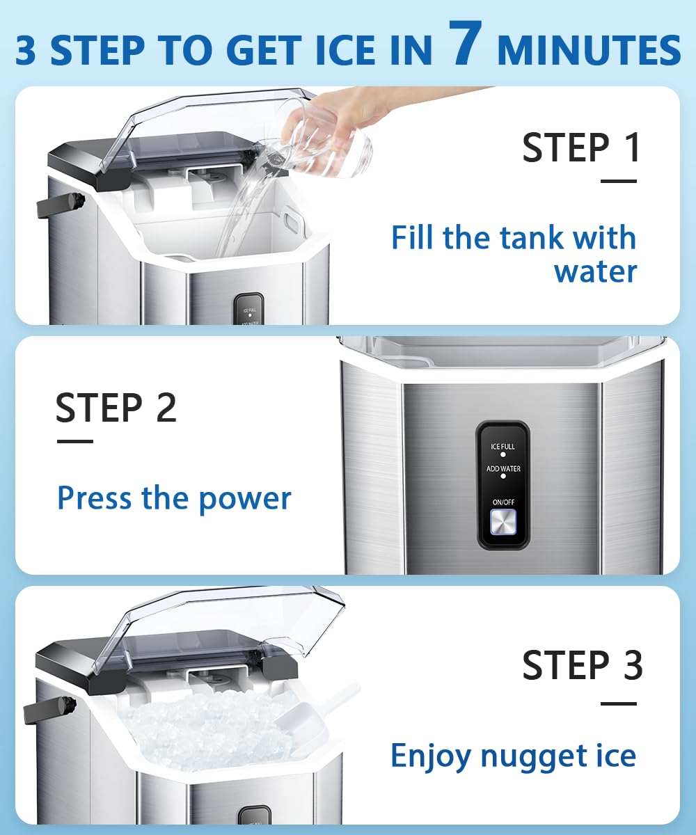 Joy Pebble Nugget Stainless Steel Ice Maker Machine - 10,000pcs/33lbs Daily Output, Portable Countertop Ice Maker with Self-Cleaning Function, Includes Ice Scoop & Basket (Silver) - Perfect for Home Bars, Parties, Offices and Outdoor Camping