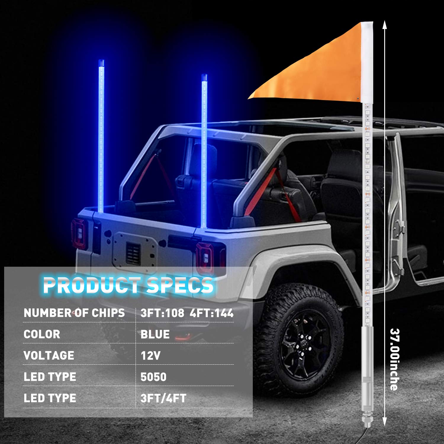 3ft LED Light Whip for ATV UTV - Blue LED Whip Lights for RZR Polaris Off-Road Vehicles, Sand Dune Buggies & 4x4 Trucks - Durable Off-Road Lighting Accessory for Night Riding & Trail Adventures