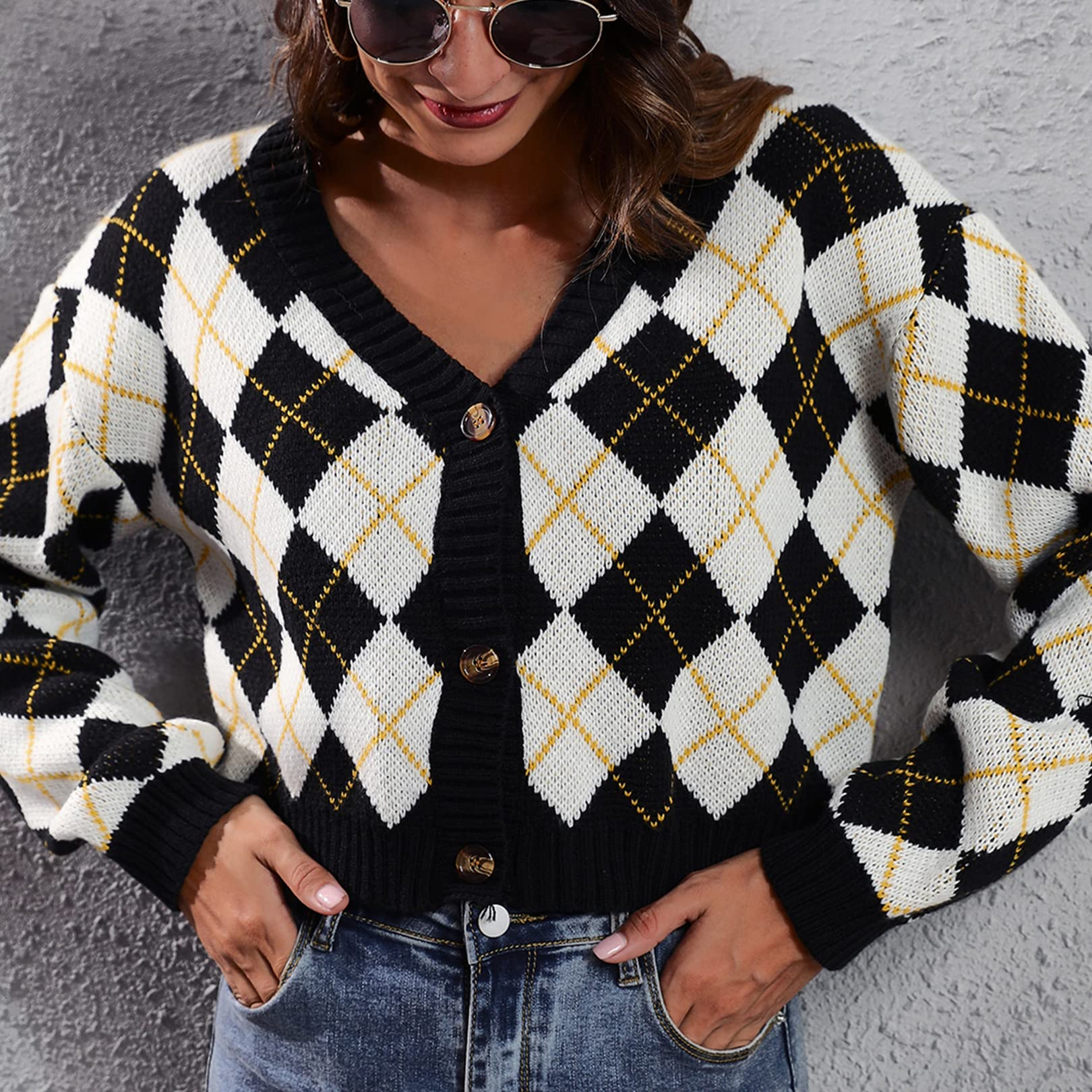 Flygo Women's Long Sleeve Color Block Argyle Plaid Button Front V-Neck Soft Knit Cardigan Sweater - Cozy Fall & Winter Layering Piece for Work, Dates and Casual Outings