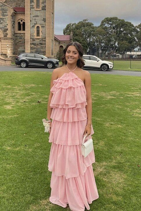 Elegant Halter Neck Pink A-Line Long Prom Dress with Layers - Perfect for Formal Parties, Homecoming & Special Occasions - Style J4267