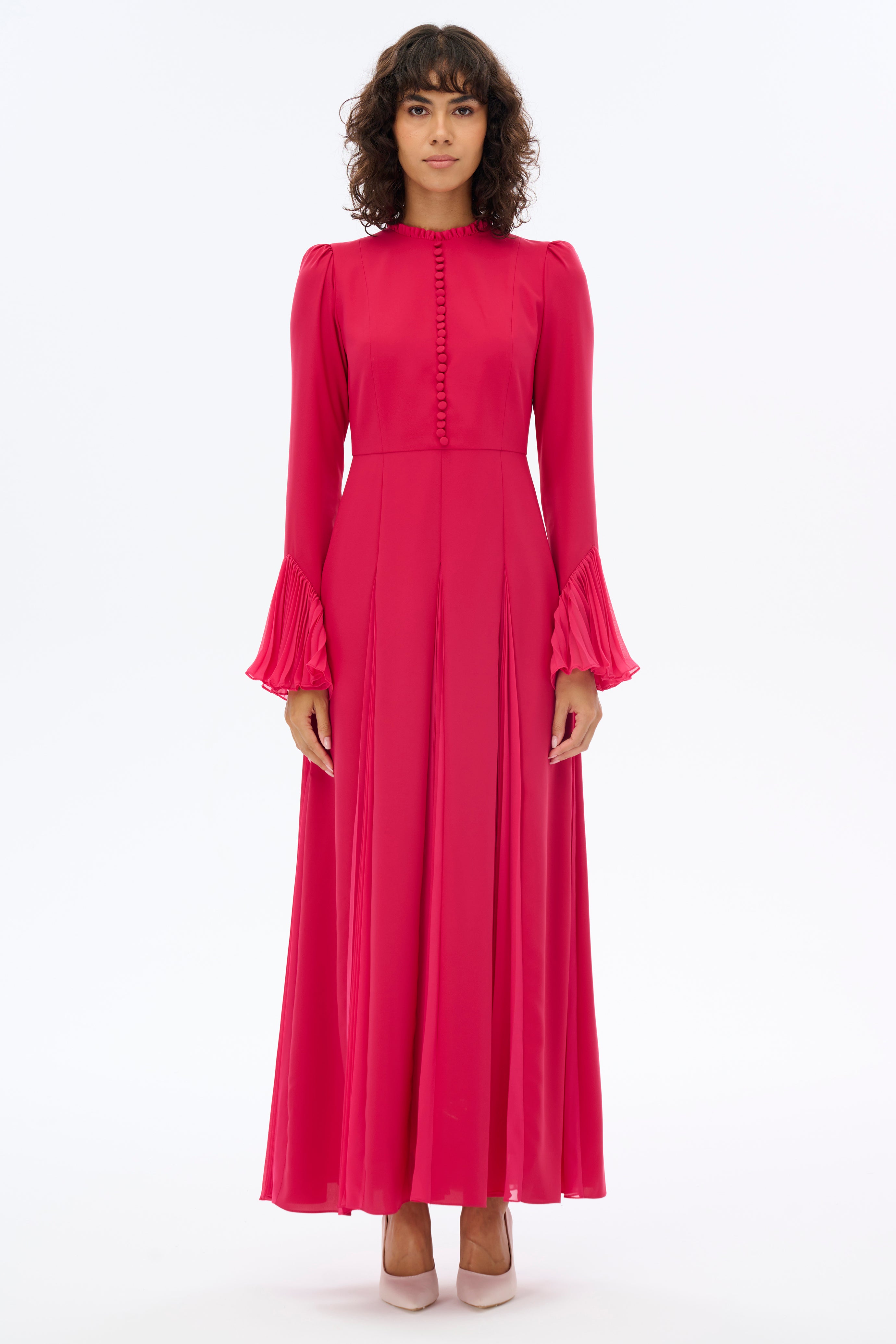 Elegant Pleated Long Maxi Dress with Decorative Front Buttons - Perfect for Weddings, Parties & Summer Vacations
