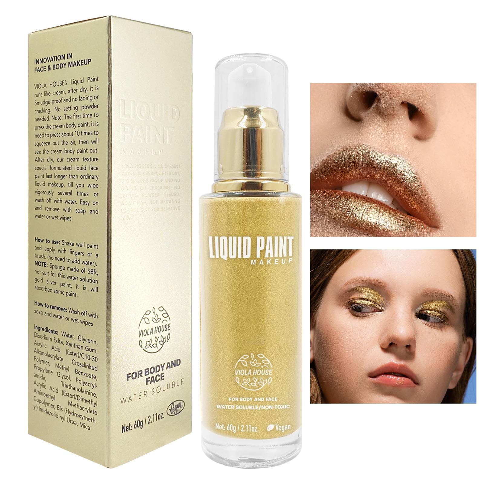 Golden Liquid Makeup - Water Soluble Face & Body Paint (2.11oz) for Halloween, Cosplay, Costume Parties & Special Effects | Professional Quality Face Paint for Artists & Kids | Easy Wash Off Makeup for Events & Performances