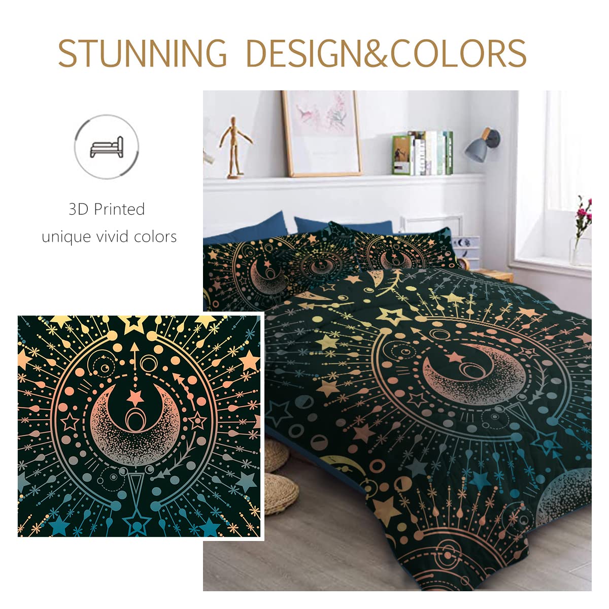 BlessLiving 8-Piece Moon Comforter Set - Teal, Yellow, Pink Star Bedding with Astrology Design, Includes 1 Comforter, 2 Pillow Shams, 1 Flat Sheet, 1 Fitted Sheet, 1 Cushion Cover - Queen Size for Cozy Bedroom Decor & Teen Girls' Room