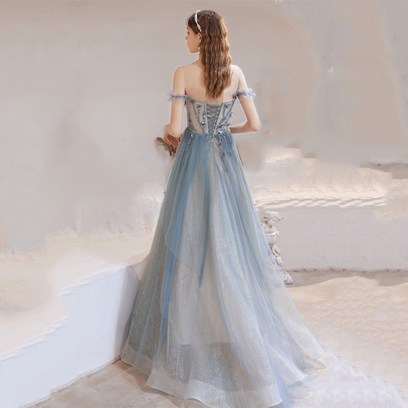 Light Blue Off Shoulder Tulle Prom Dress - A-Line Formal Party Gown for Homecoming, Wedding & Evening Events