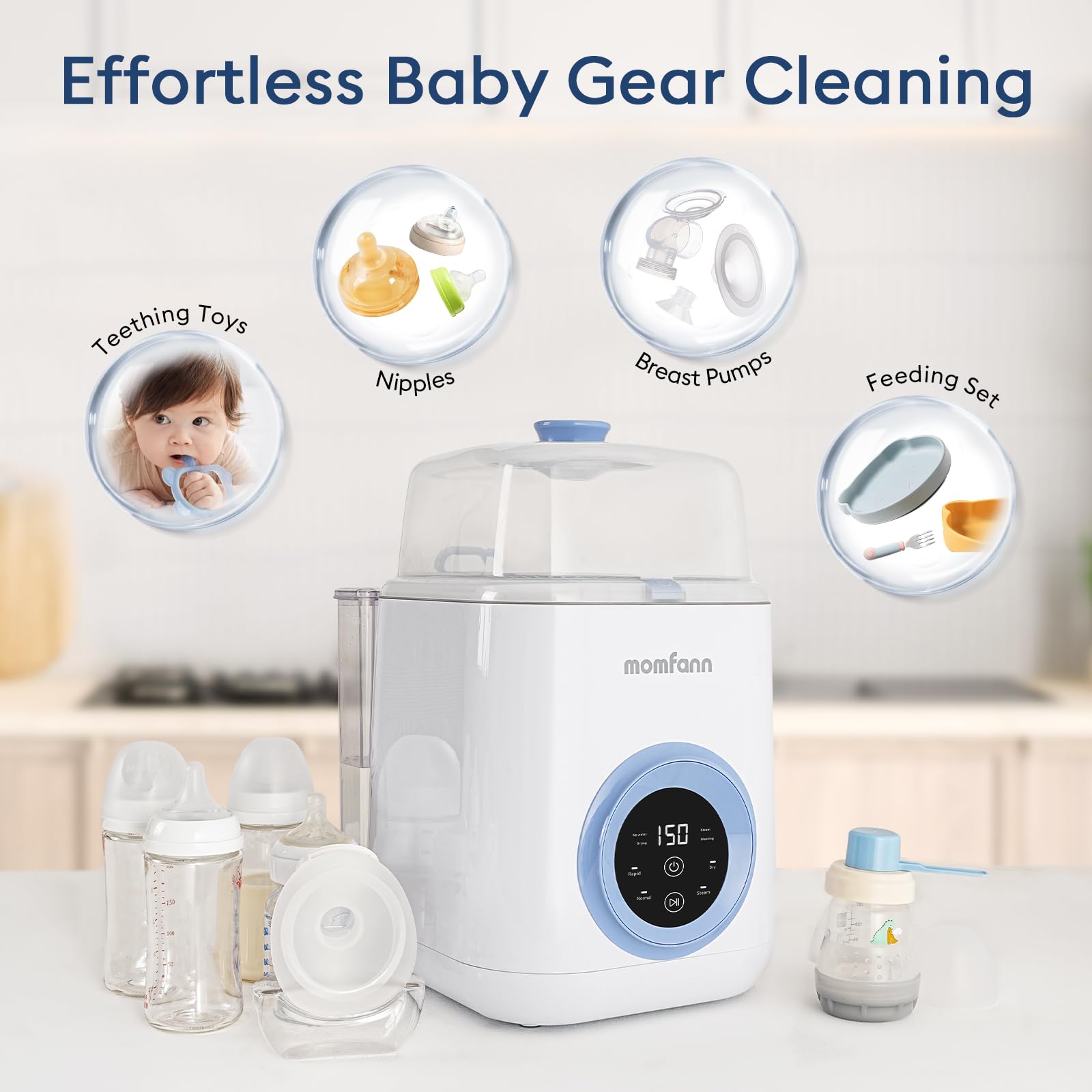 4-in-1 Baby Bottle Sterilizer and Dryer with 2 Wash Modes | Fast Cleaning & Drying | Effortless Bottle Sterilization for Busy Parents | Perfect for Daycare, Travel & Home Use (Blue)