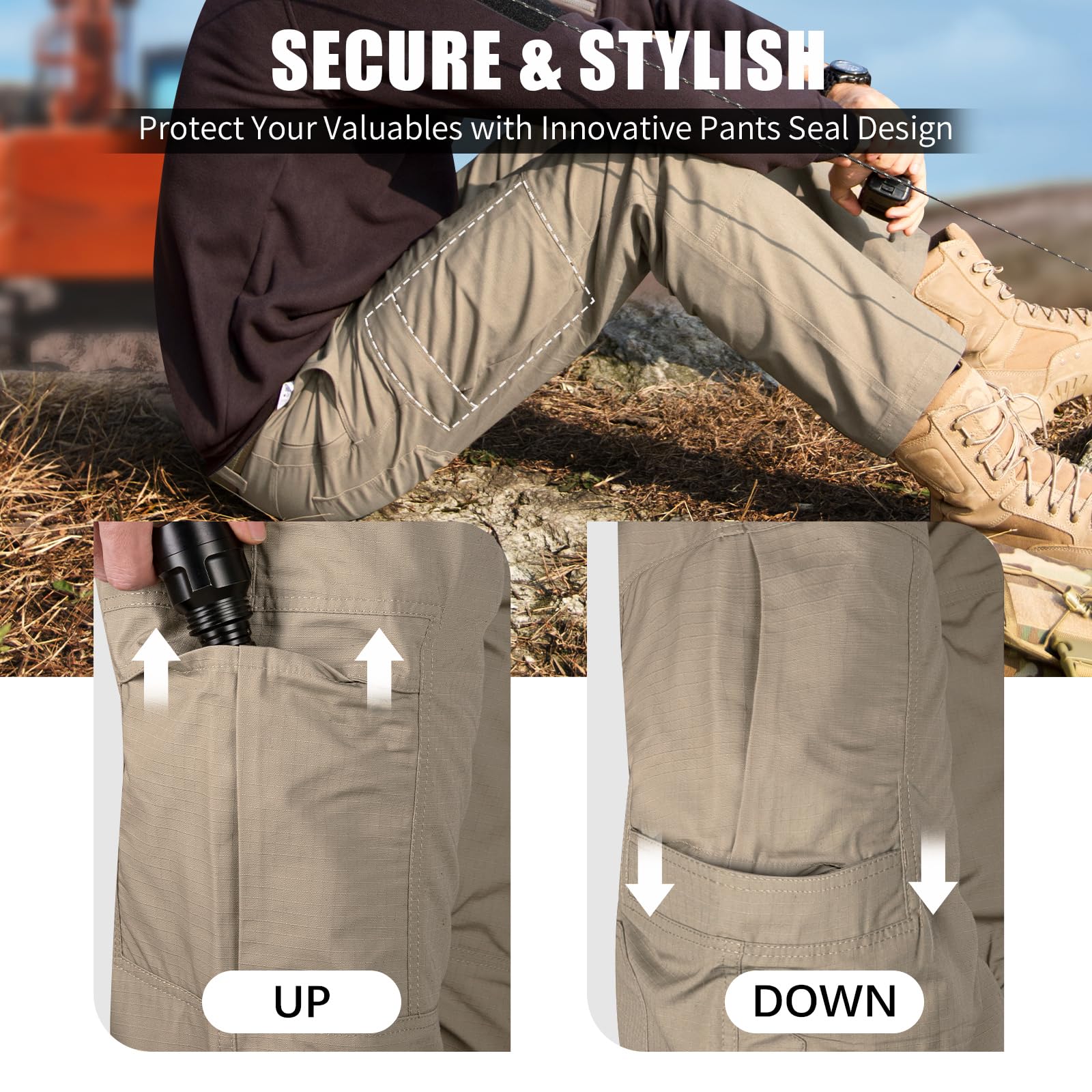 FREE SOLDIER Men's Tactical Cargo Pants - Water Resistant Ripstop Work Pants for Outdoor Hiking, Camping & Everyday Wear - Lightweight Durable Military Style Pants for Men