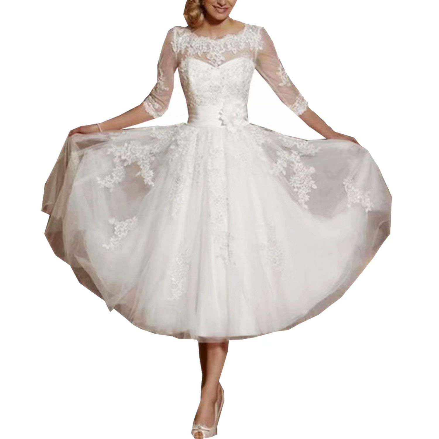 Lorderqueen Short A-line Wedding Dress with 3/4 Lace Sleeves - Elegant Bridal Gown for School Prom, Ball Gown & Formal Events - Perfect for Weddings, Parties & Special Occasions