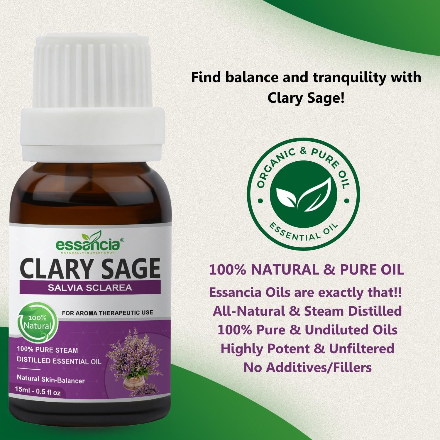 **Essencia 100% Pure Clary Sage Essential Oil - 15ml, Undiluted Therapeutic Grade for Relaxation, Skin Care & Aromatherapy - Perfect for Massage, Diffusers & DIY Beauty**