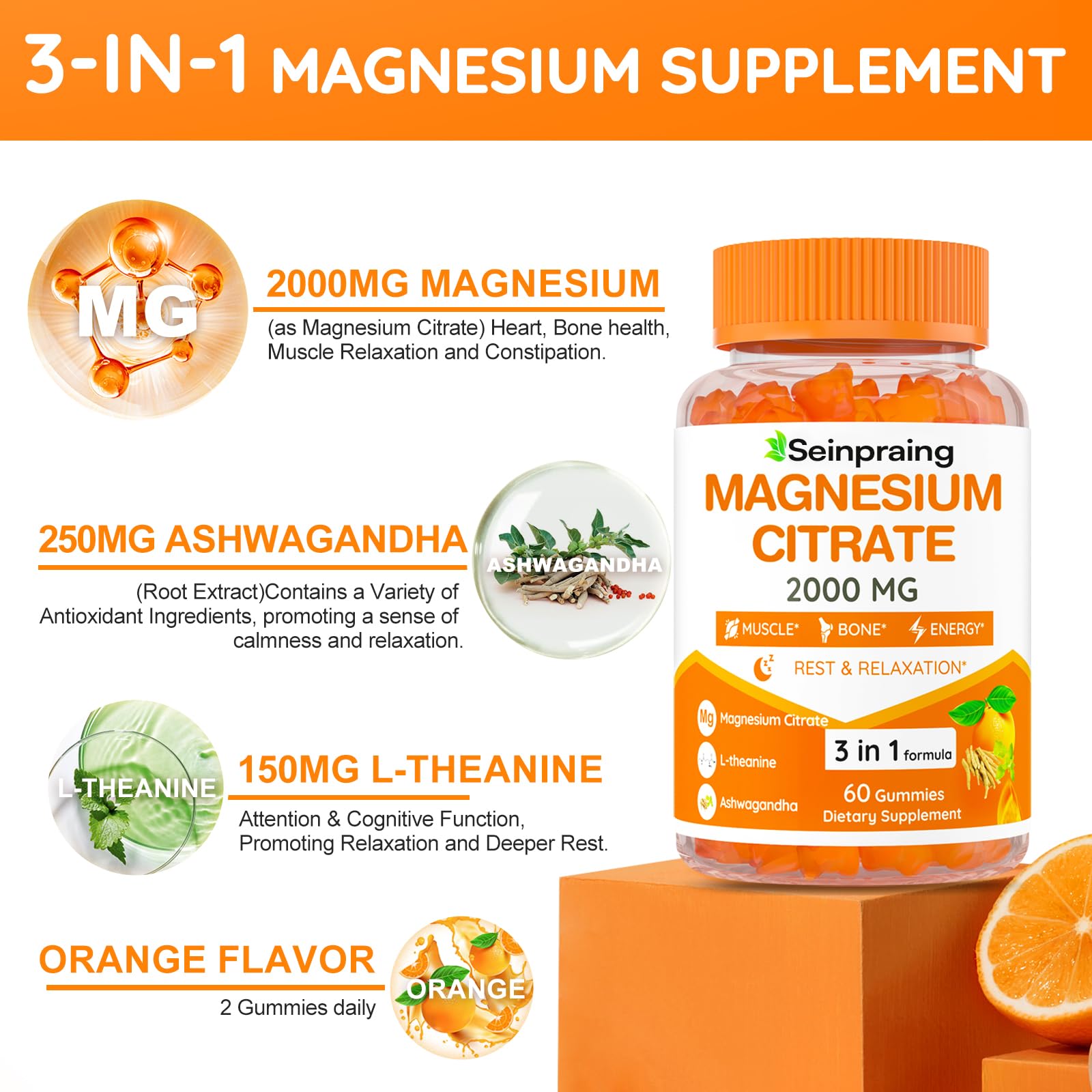 2000mg High Absorption Magnesium Citrate Gummies for Adults - Sleep, Relaxation & Energy Support with Ashwagandha - Muscle, Bone & Digestive Health Supplement - 120 Count (Perfect for Nighttime Routine & Active Lifestyles)