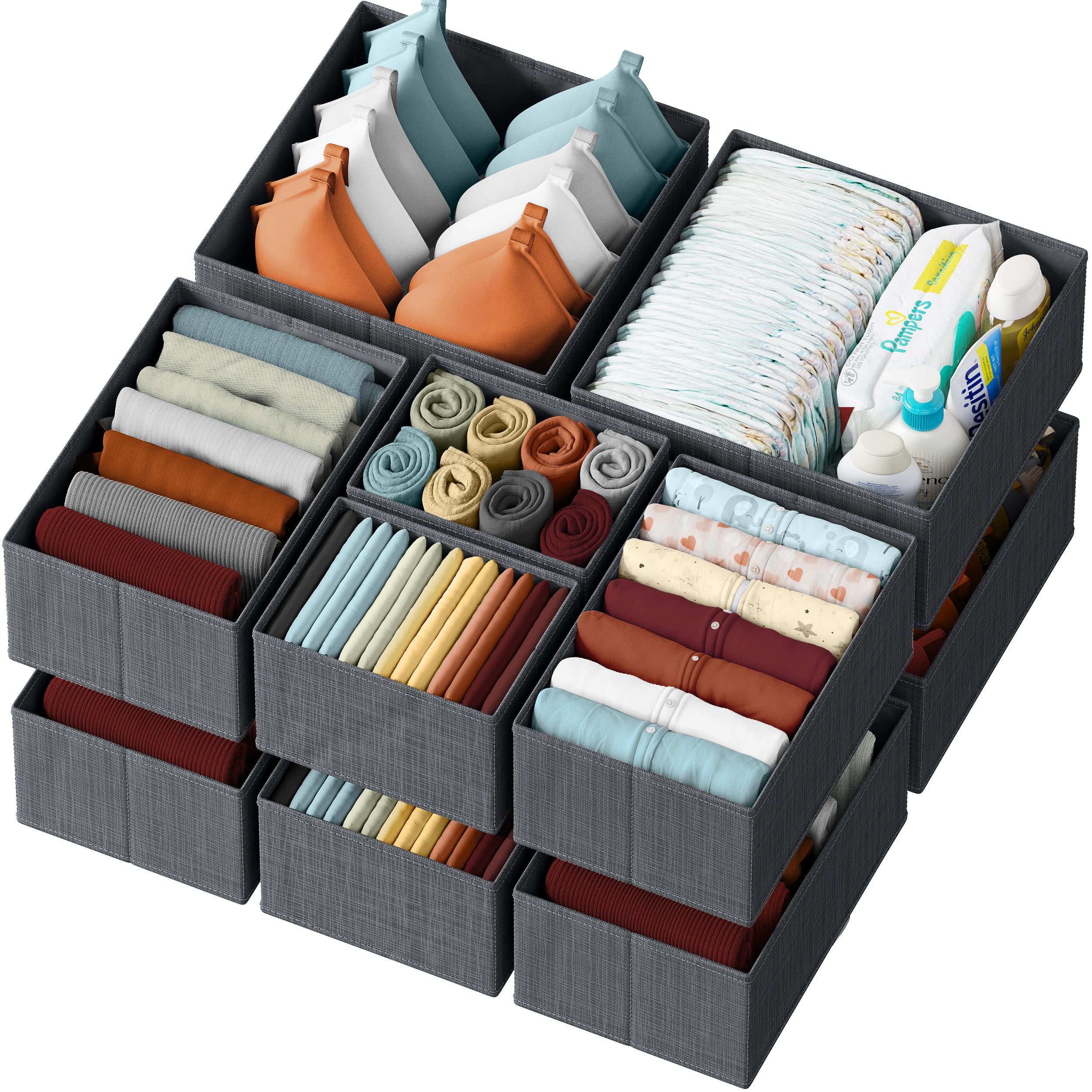 12-Piece Dark Grey Drawer Organizer Set for Clothes - Perfect for Nursery, Bedroom & Closet Storage | Baby Clothes Organizer | Dresser Drawer Dividers | Ideal for Newborn Essentials, Socks & Undergarments Organization