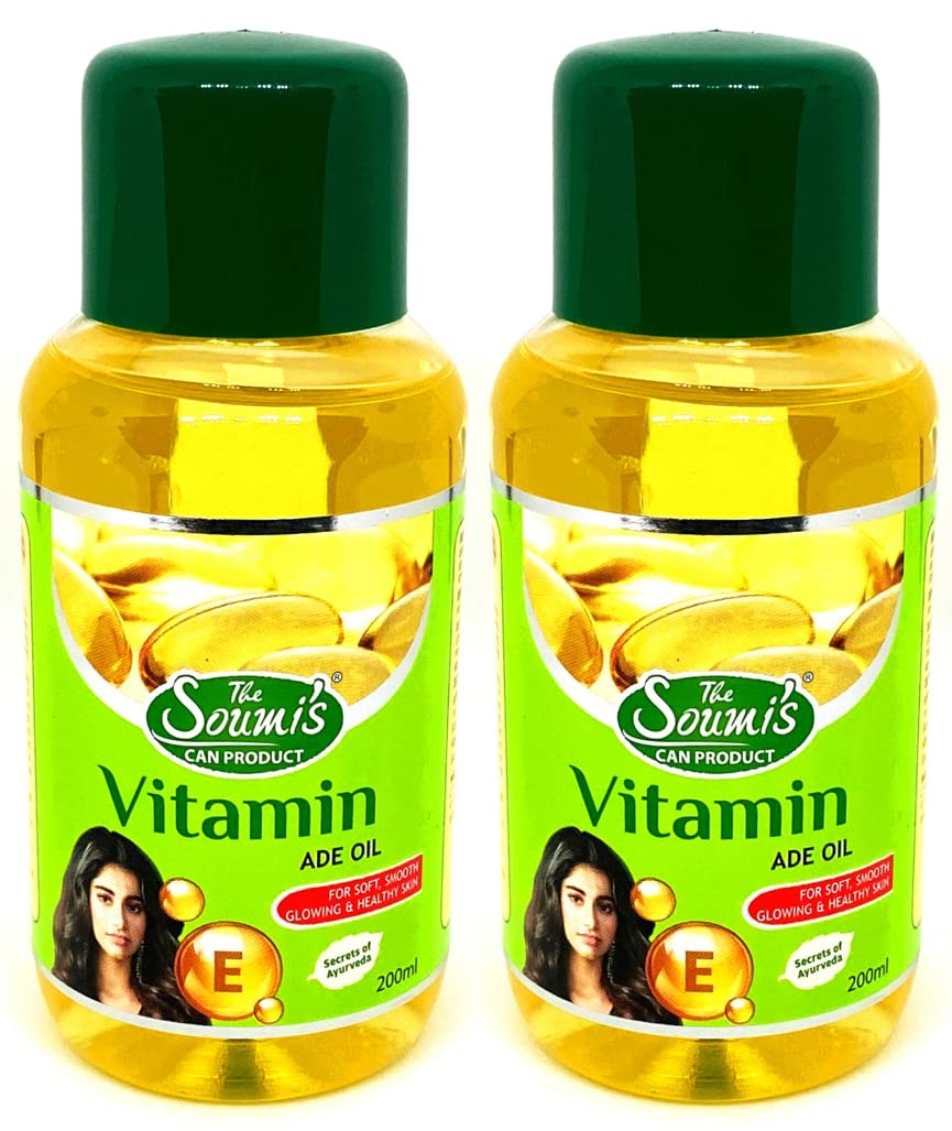 SOUMI'S Vitamin ADE Oil 200ml - Natural Anti-Aging Skin Care with Retinol & Vitamin E | Herbal Extracts for Baby, Women & Men | Hydrating & Moisturizing for All Skin Types | Soothes & Nourishes with Haridra, Manjistha, Arjuna & Daru Haridra | Perfect for Daily Skincare Routine, Baby Massage & Dry Skin Relief | Pack of 2
