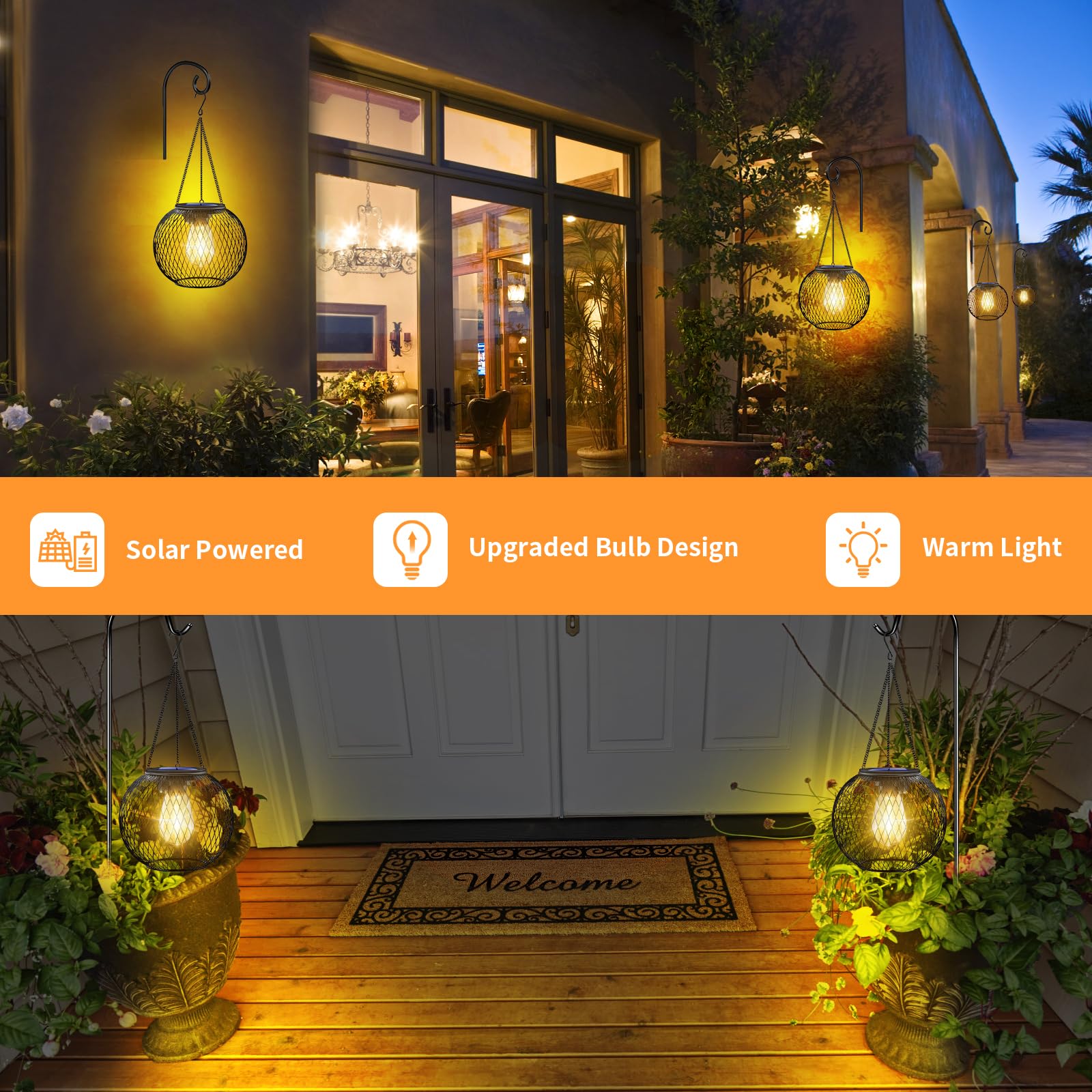 UBright Solar Lanterns - Waterproof Outdoor Hanging Lights, Solar Powered Garden Decor for Patio, Yard & Pathway (2 Pack) - Perfect for Evening Gatherings & Landscape Lighting