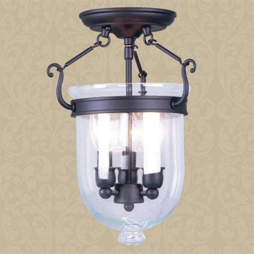 Livex Lighting 5061-07 Jefferson 3-Light Bronze Bell Jar Semi-Flush Mount Ceiling Light with Clear Glass Shades - Perfect for Dining Room, Bedroom, or Hallway Lighting