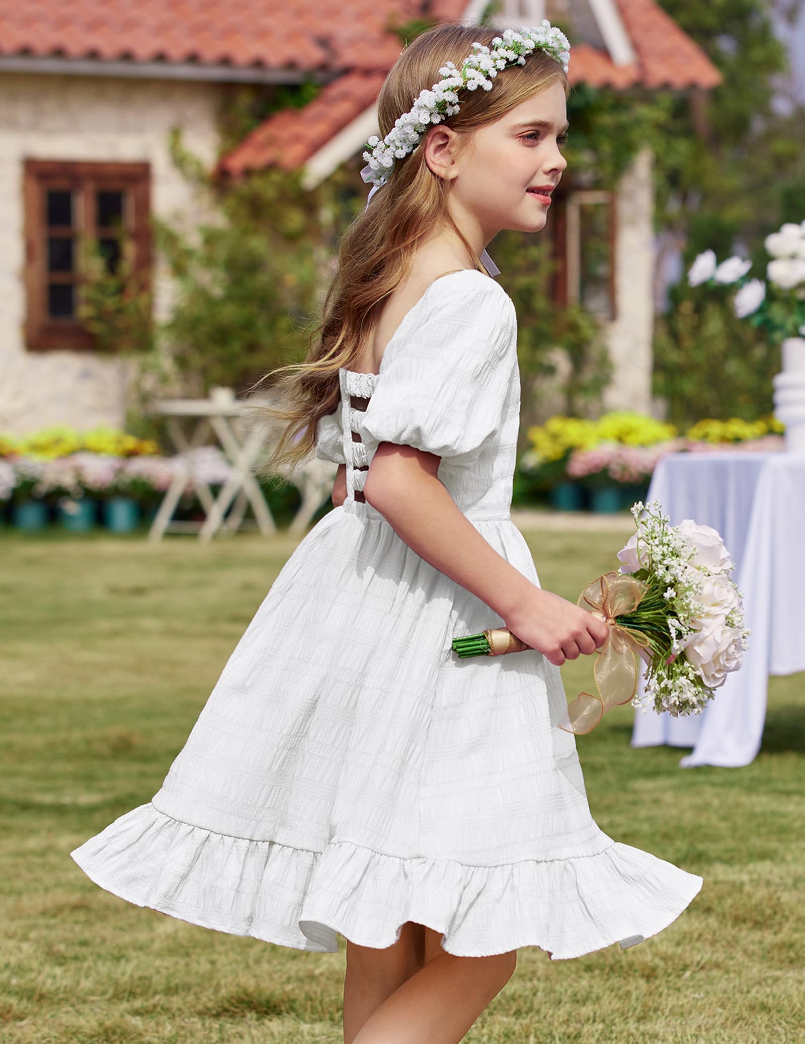 Arshiner Girls Backless Summer Dress - Short Sleeve Square Neck Ruffle Hem Elegant Party Dress for Kids | Perfect for Birthday, Wedding & Special Occasions