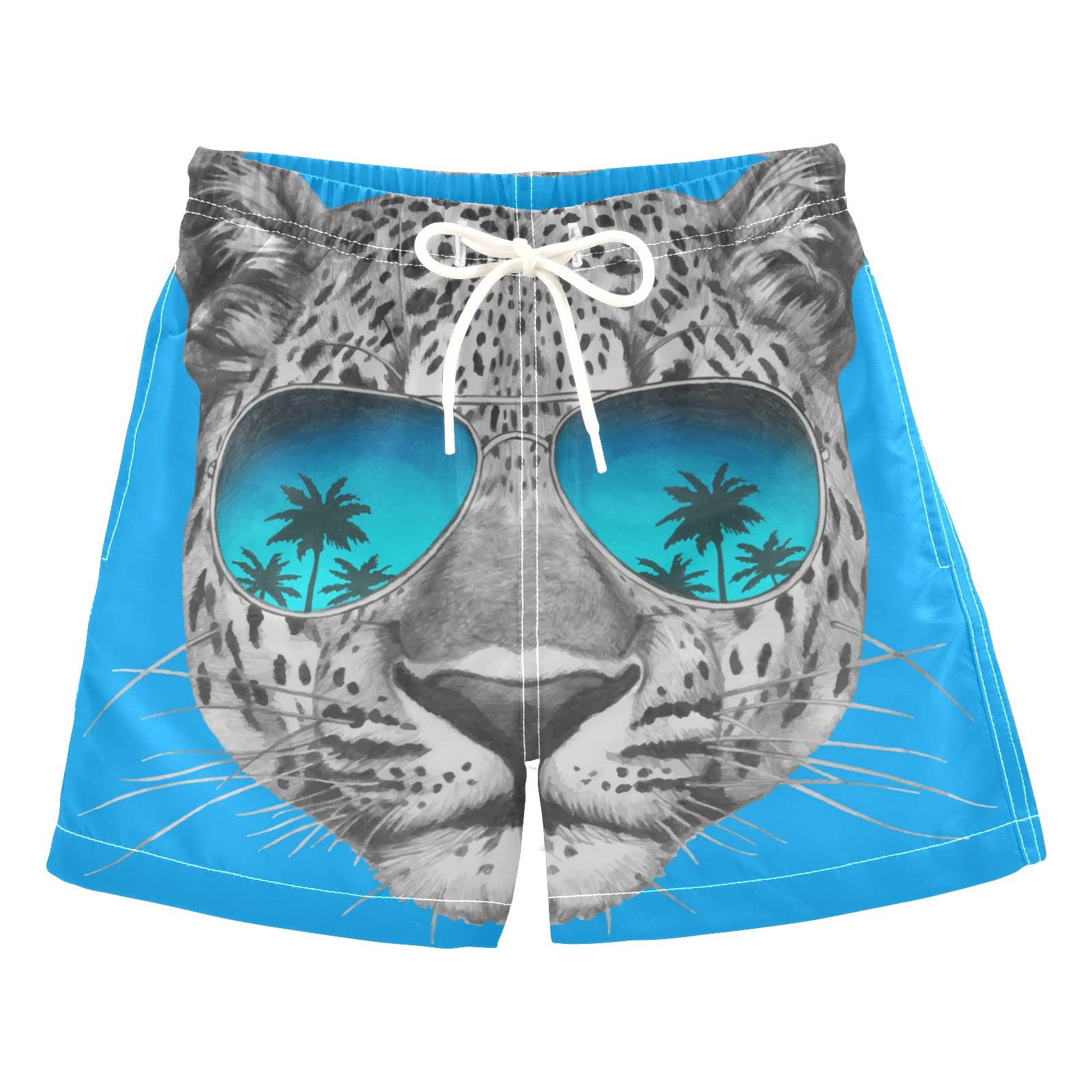 AMICHIC Boys Leopard Print Swim Trunks with Mirror Sunglasses - Quick Dry Board Shorts for Beach, Surf & Pool - Hawaii Vacation Essentials for Kids Summer Outfits