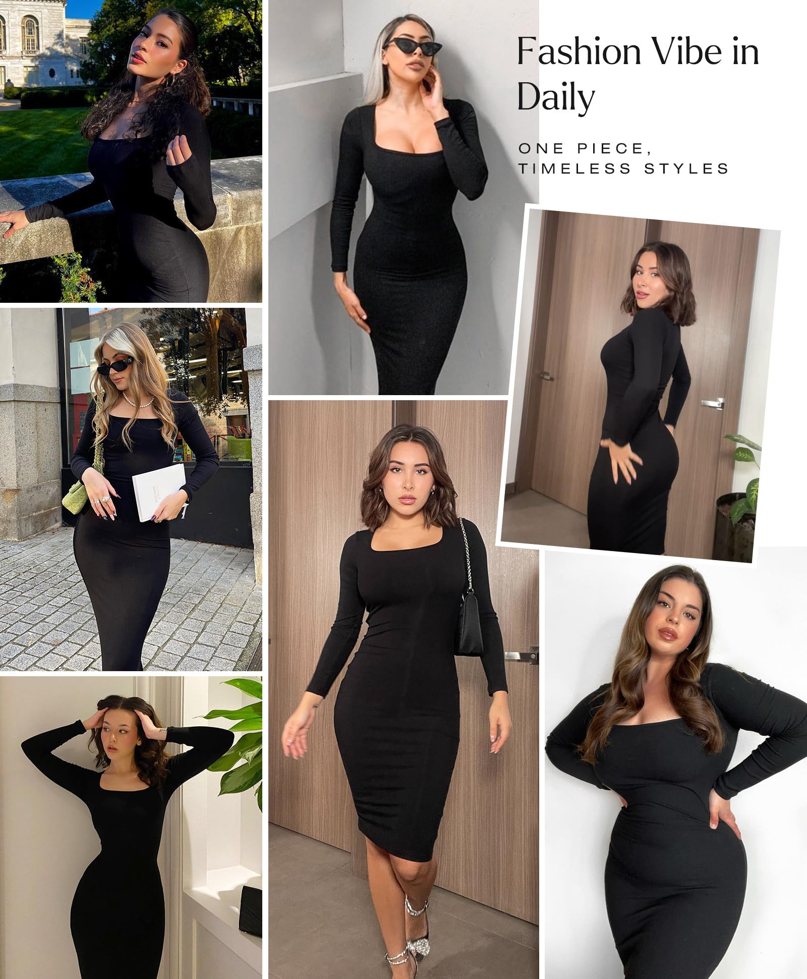Popilush Women's Long Sleeve Bodycon Midi Dress with Built-in Bra - Tummy Control Shapewear Party Cocktail Dress for Night Out, Date Night & Special Occasions