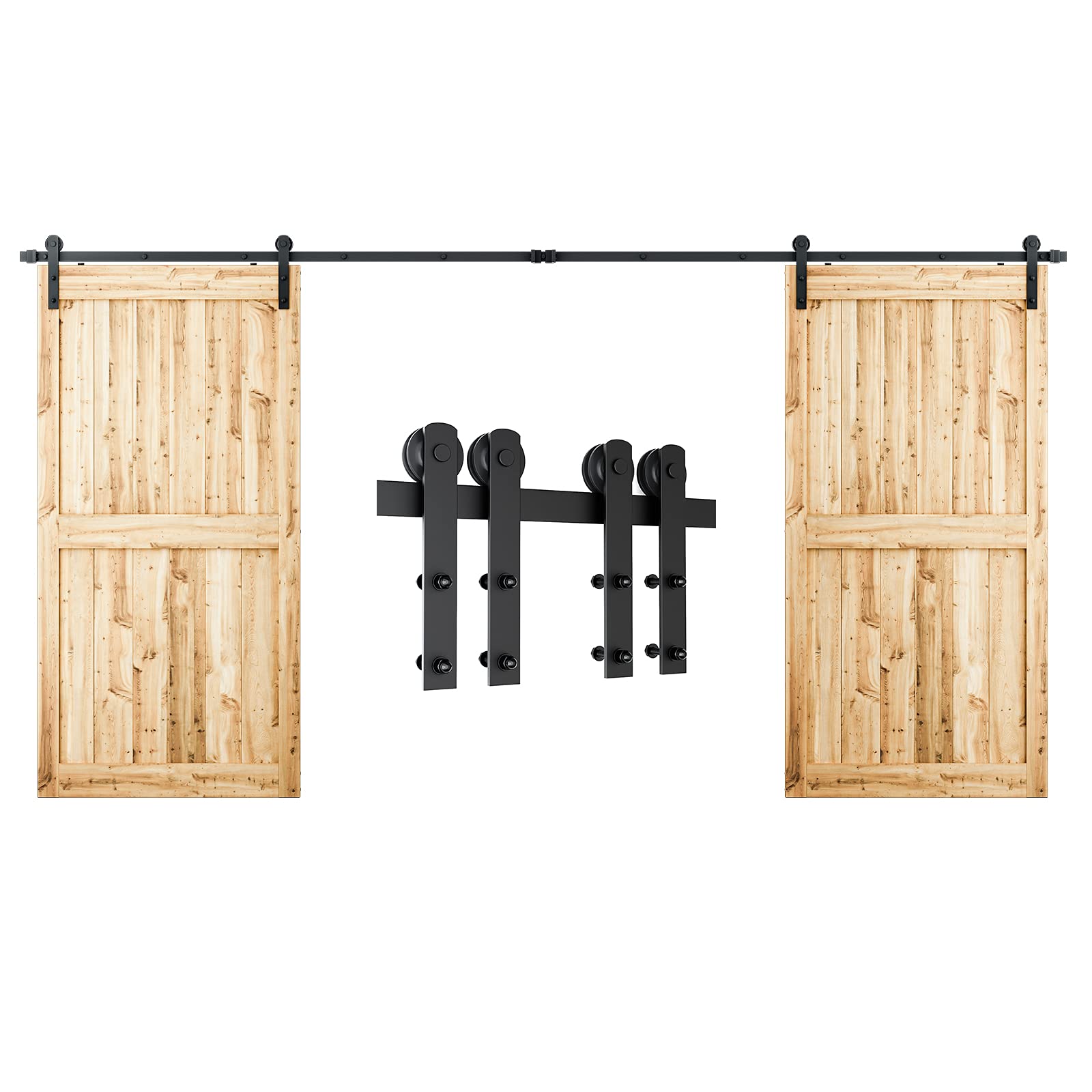 SMARTSTANDARD 14FT Heavy Duty Double Door Sliding Barn Door Hardware Kit - Smooth Quiet Operation, Easy Installation with Step-by-Step Guide for 42
