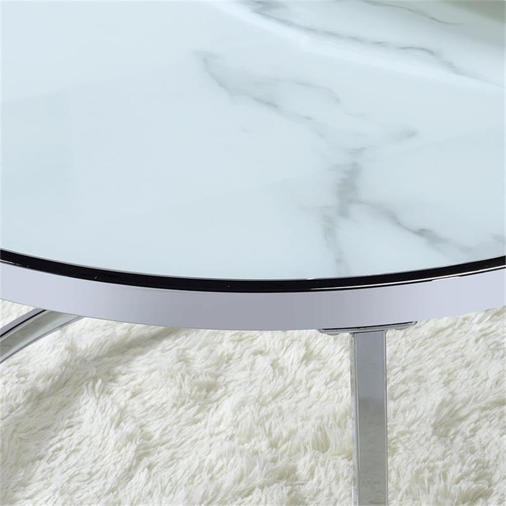 BOWERY HILL White Round Contemporary Metal End Table with Faux Marble Top - Perfect for Living Room, Bedroom, or Office Side Table