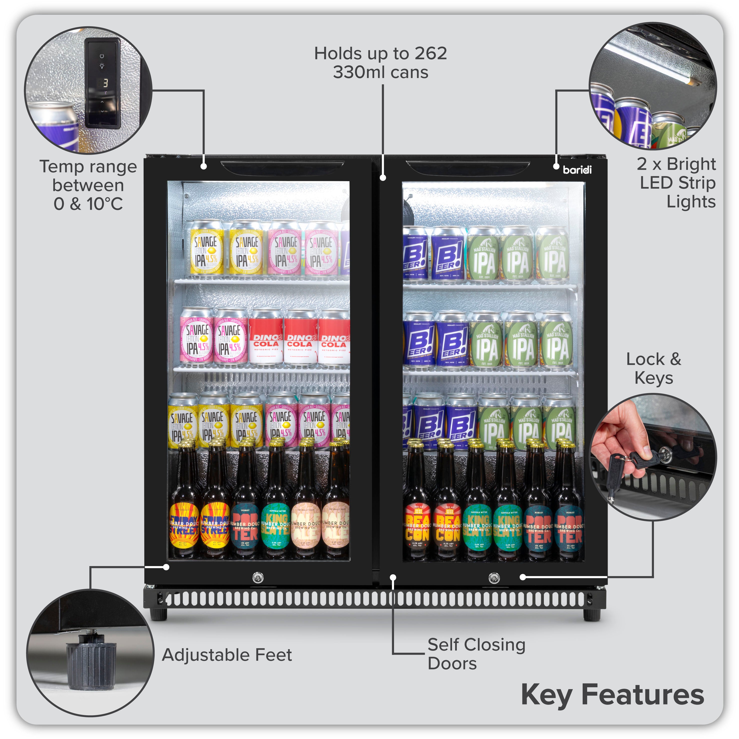Baridi 190L Back Bar Refrigerator with Hinged Double Door - Commercial Under Counter Drink Cooler for Bars, Restaurants & Home Use