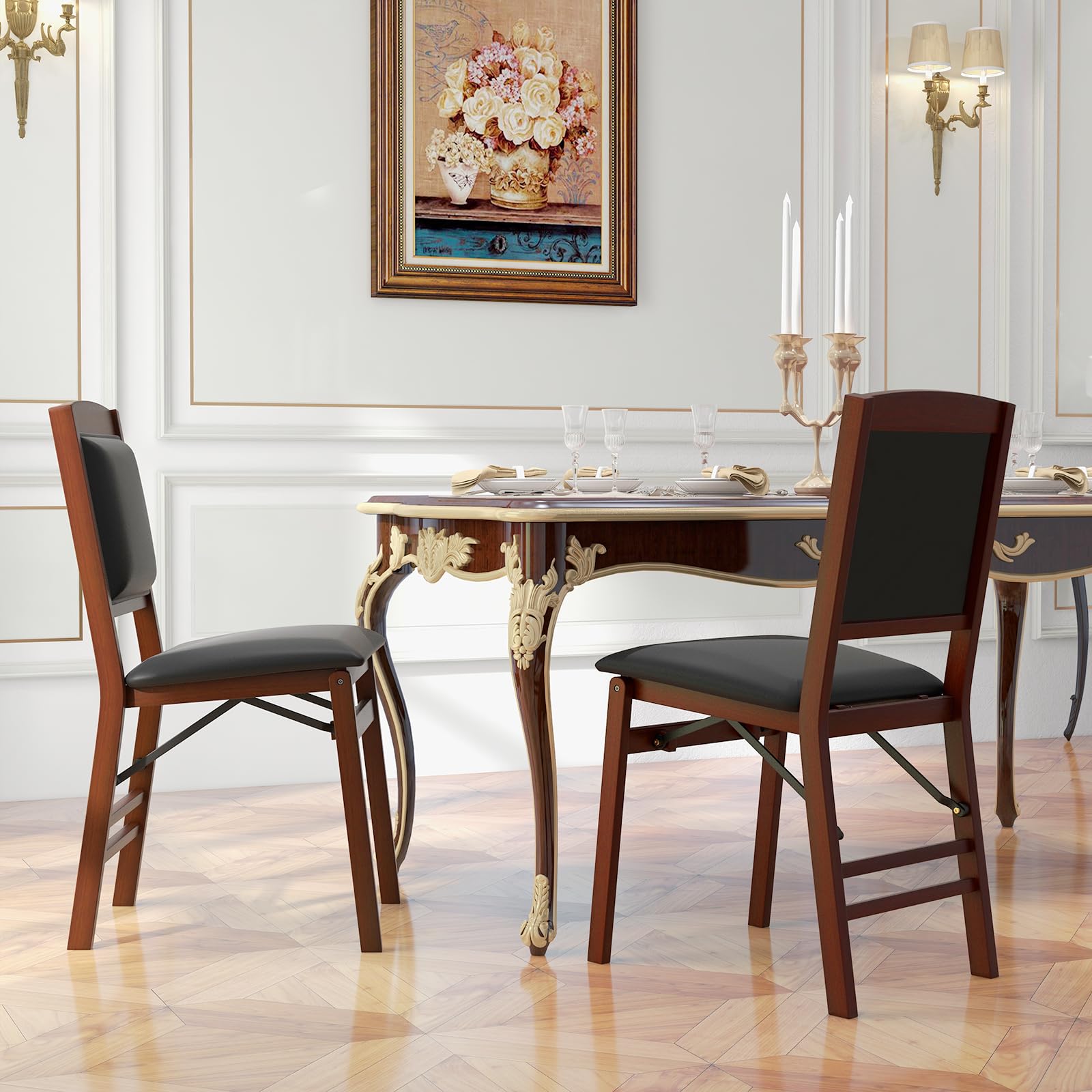 GOFLAME 4-Pack Folding Dining Chairs Set - Wooden Frame with PVC Padded Seat & High Backrest, Space-Saving Foldable Chairs for Kitchen, Living Room, Restaurant, Patio, and Outdoor Dining