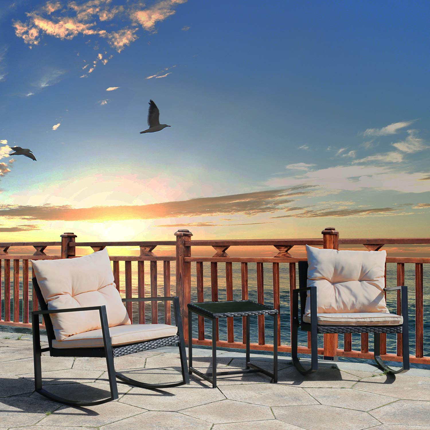 Outdoor Rattan Wicker Bistro Table Set with Rocking Chairs & Coffee Table - Patio Garden Conversation Furniture for Porch, Lawn, Balcony & Backyard (Black) | Perfect for Relaxing, Entertaining & Outdoor Dining