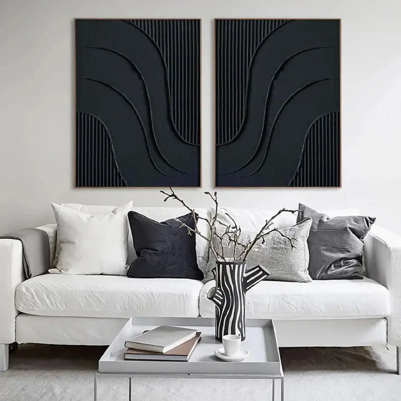 Modern Black Plaster Art Textured Paintings - Set of 2 Minimalist Wall Decor for Living Room, Bedroom & Office | Abstract Home Artwork #MZ027