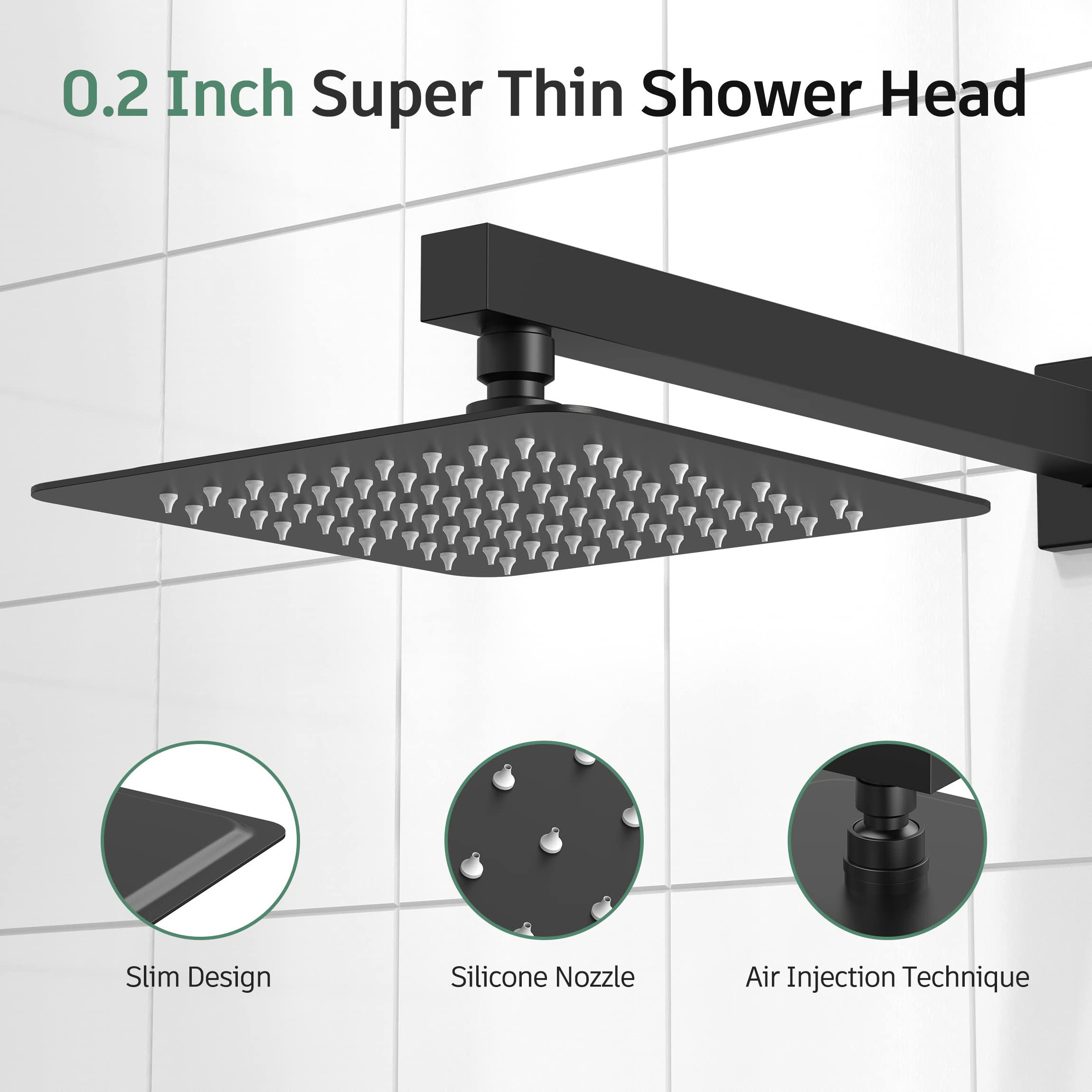SunCleanse Matte Black Shower Faucet Set with Valve - 8 Inch Square Rainfall Shower Head & Single Handle Trim Kit | Includes Extra Long Shower Arm | Perfect for Modern Bathroom Renovations & Spa-Like Shower Experience