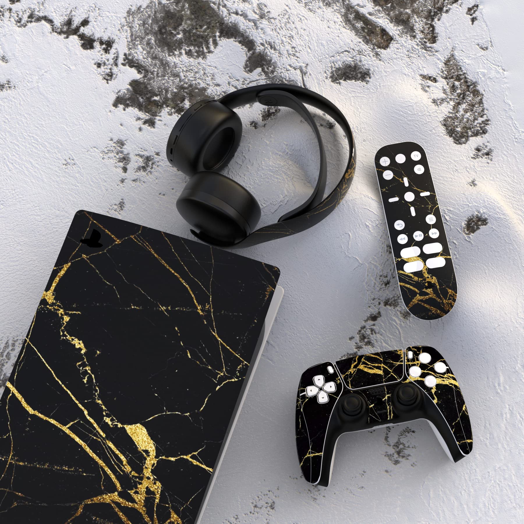 PlayVital Black & Gold Marble Vinyl Skin Decal Full Set for PS5 Console Digital Edition - Controller, Charging Station, Headset & Media Remote Sticker Cover - Premium Protection & Stylish Gaming Setup for PS5 Lovers