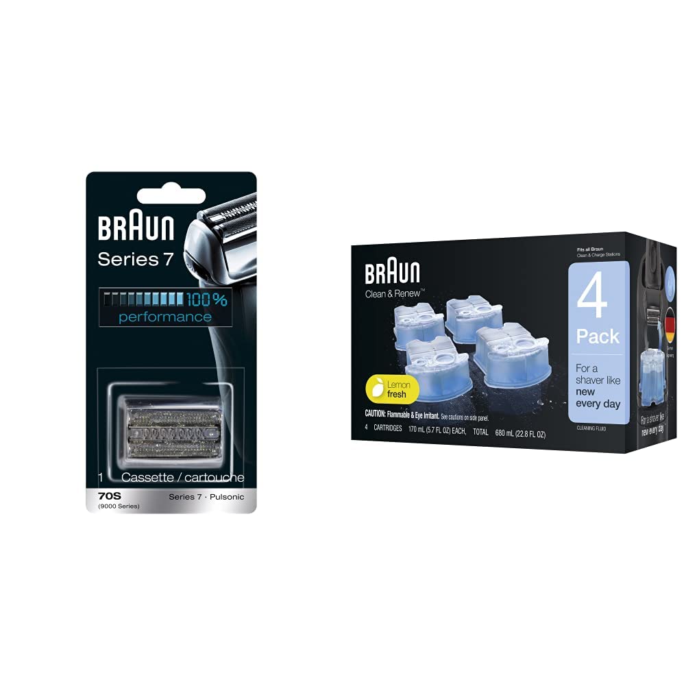 Braun Series 7 70S Electric Shaver Replacement Heads - 4 Pack with Silver Clean & Renew Refill Cartridges | For Men's Wet/Dry Shaving | Perfect for Travel & Daily Grooming Routine