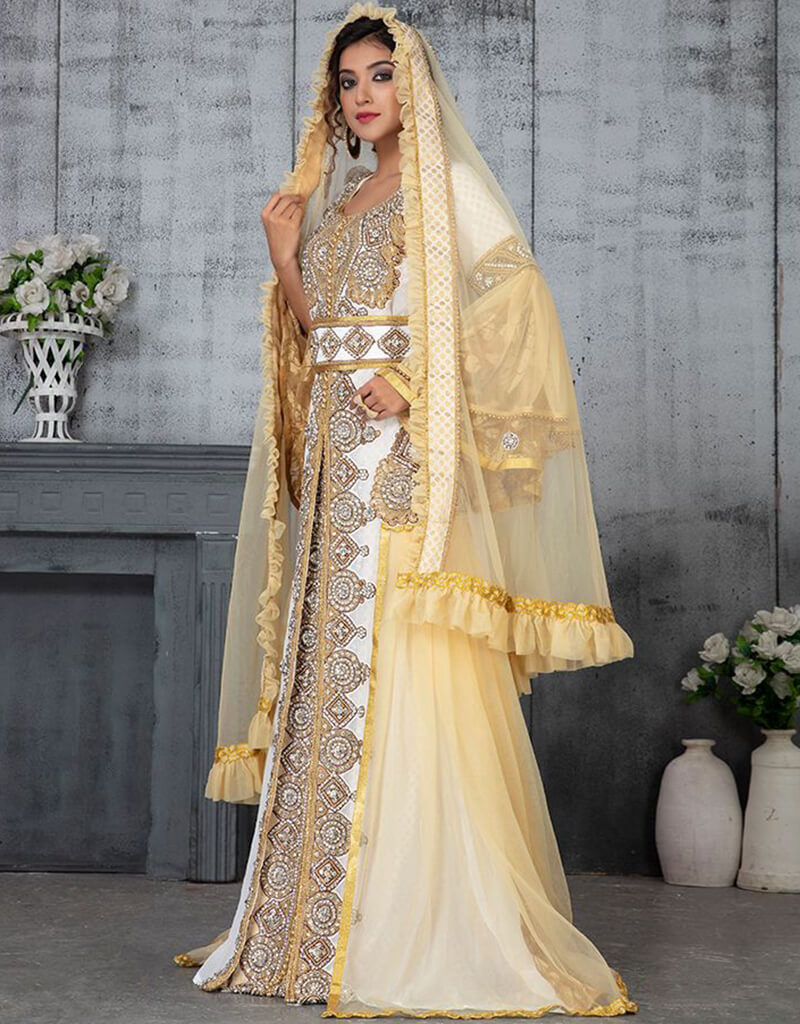 Handmade Arabic Takchita Dress - Off White & Beige Georgette with Golden Stone Embroidery for Special Occasions & Weddings