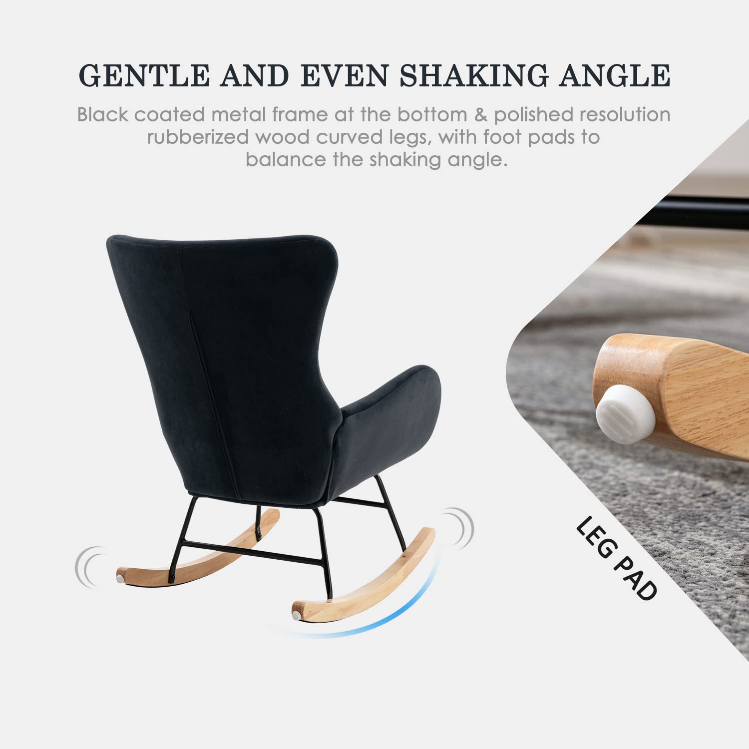 Modern Rocking Chair - High Back Upholstered Glider with Armrests, Comfortable Nursery Rocker for Baby Room, Living Room & Bedroom (Black) - Perfect for Nursing, Reading & Relaxing