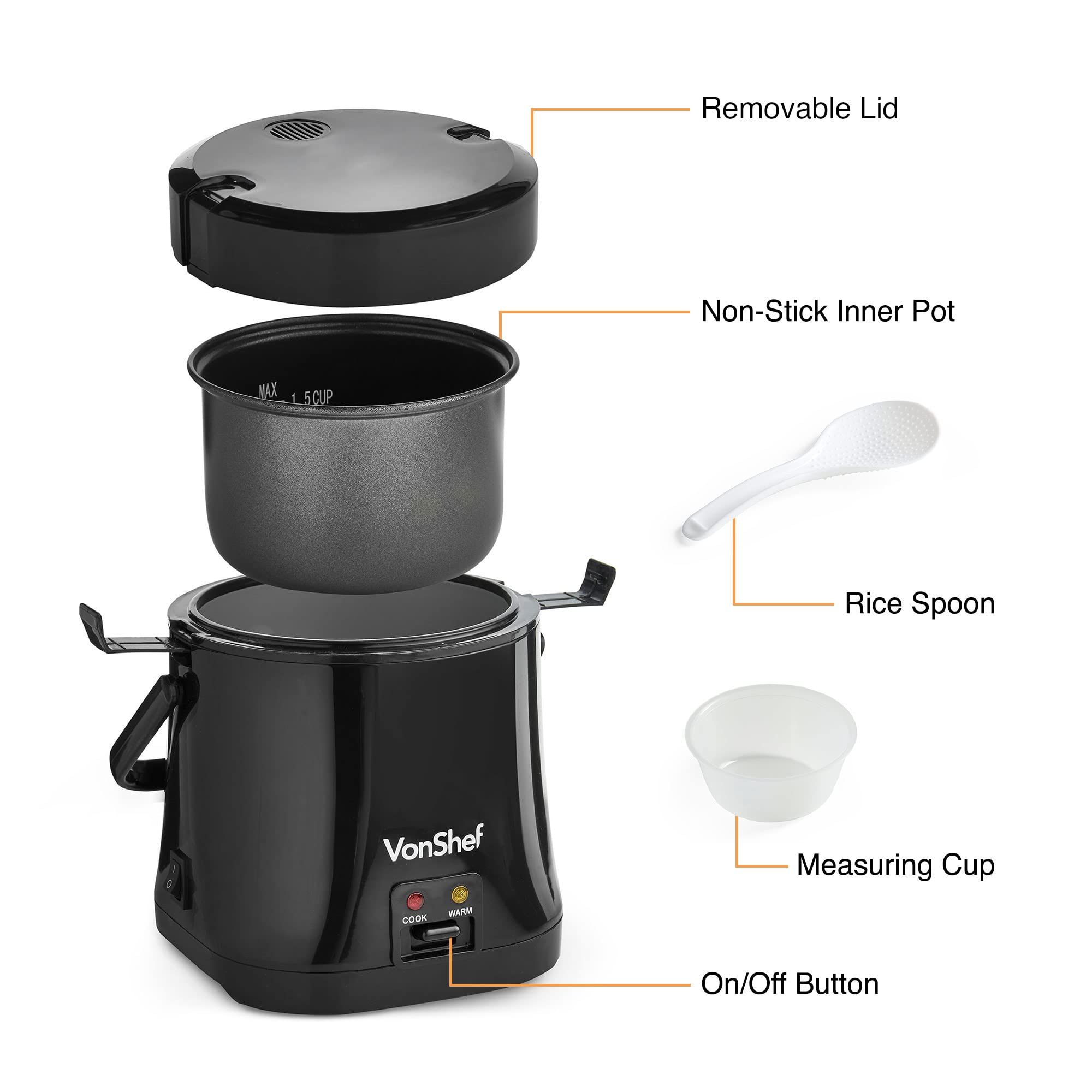 VonShef 0.3L Small Rice Cooker - 2-Person Electric Rice Steamer with Keep Warm Function, 200W Non-Stick Removable Pot - Includes Measuring Cup & Spatula - Perfect for Dorms, Offices & Small Kitchens
