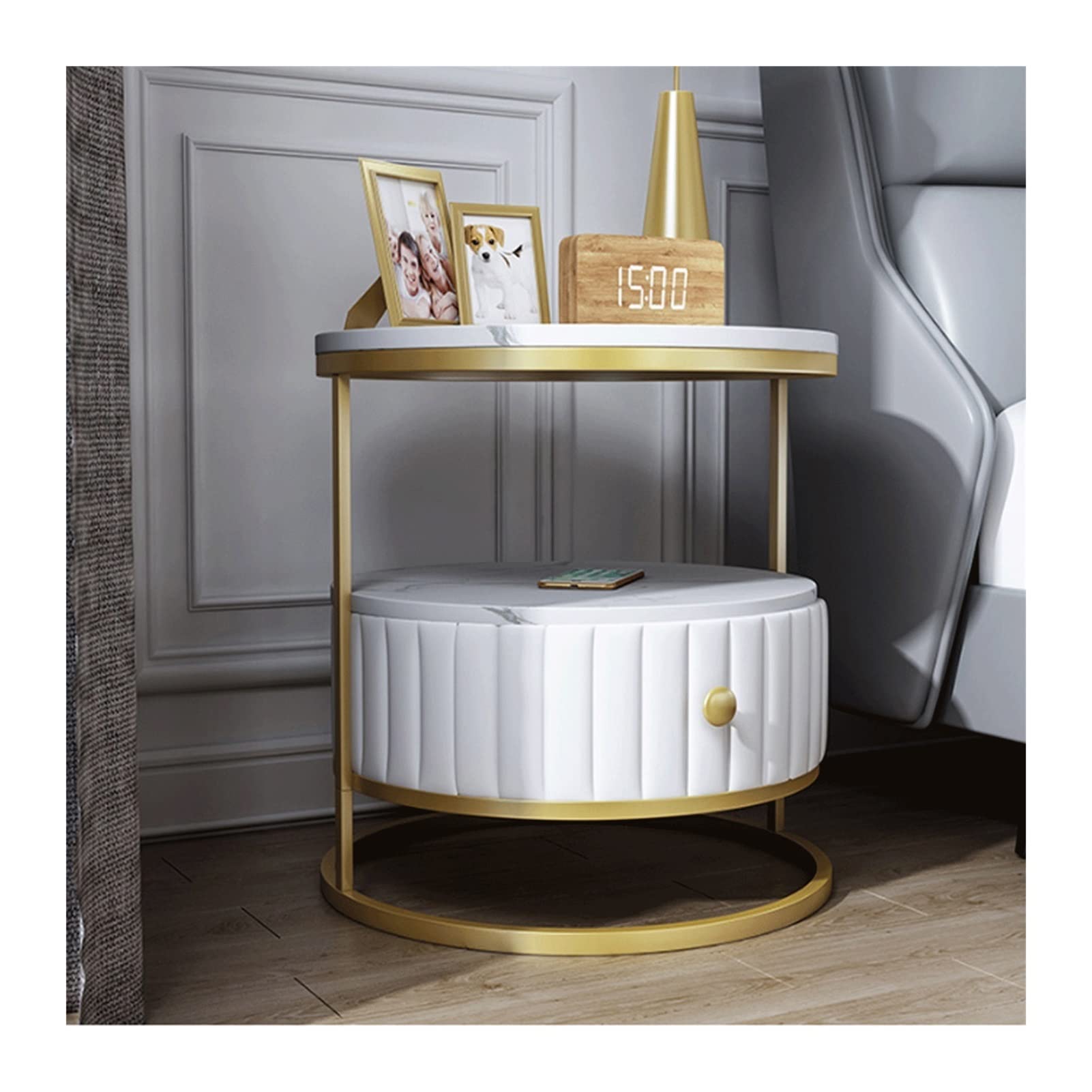Marble Night Stand with Drawer - Round Bedside Cabinet for Bedroom Storage, Sofa Corner Locker - Modern Home Decor (Color: 04) | Perfect for Small Spaces, Apartment Living & Guest Rooms