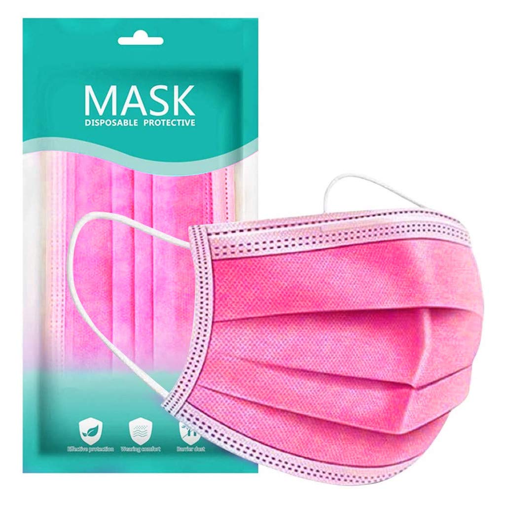 DEERQUEEN 50pcs Hot Pink Disposable Face Masks - 3-Ply Breathable & Comfortable for Adults, Individually Wrapped - Perfect for Daily Use, Travel, Shopping & Office Protection (Pink)