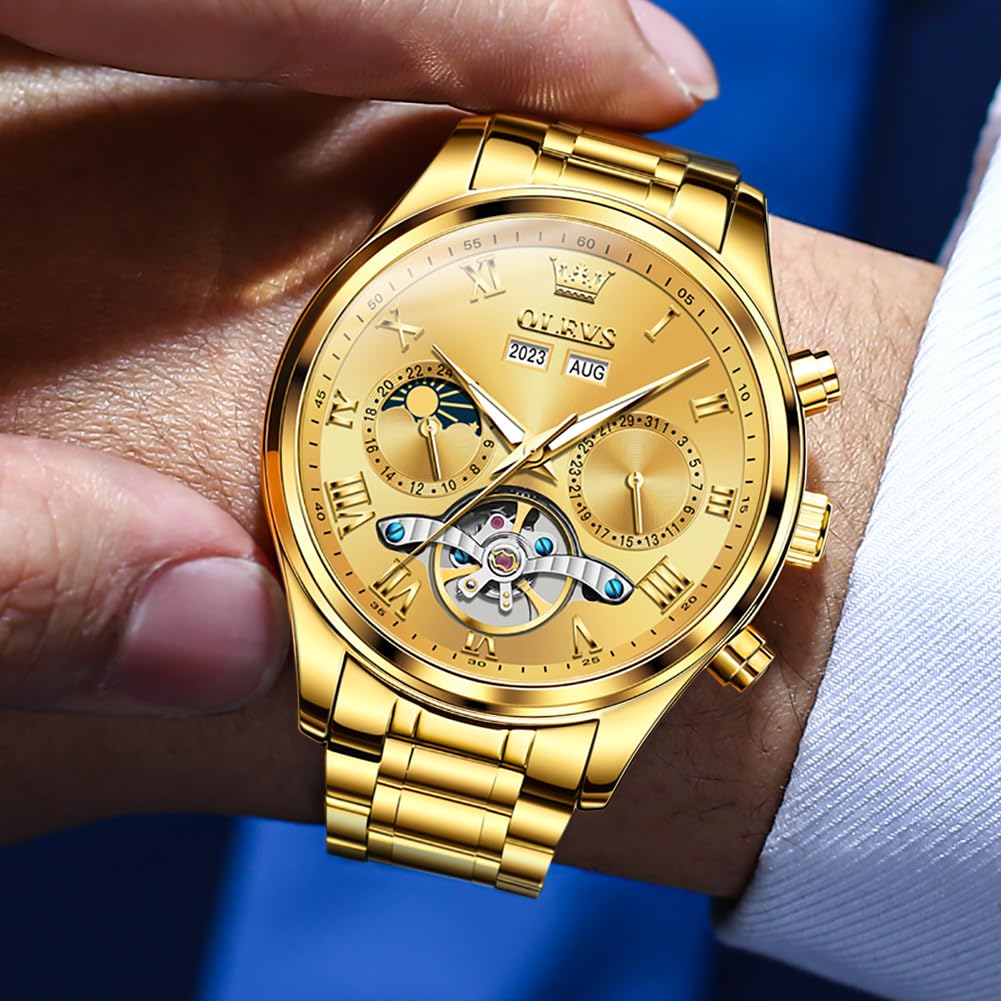 OLEVS Men's Automatic Skeleton Tourbillon Watch - Self-Winding Luxury Dress Watch with Diamond Accents, Stainless Steel, Waterproof, Luminous Hands, Moon Phase & Day Date Display - Perfect for Business, Formal Events & Gift Giving